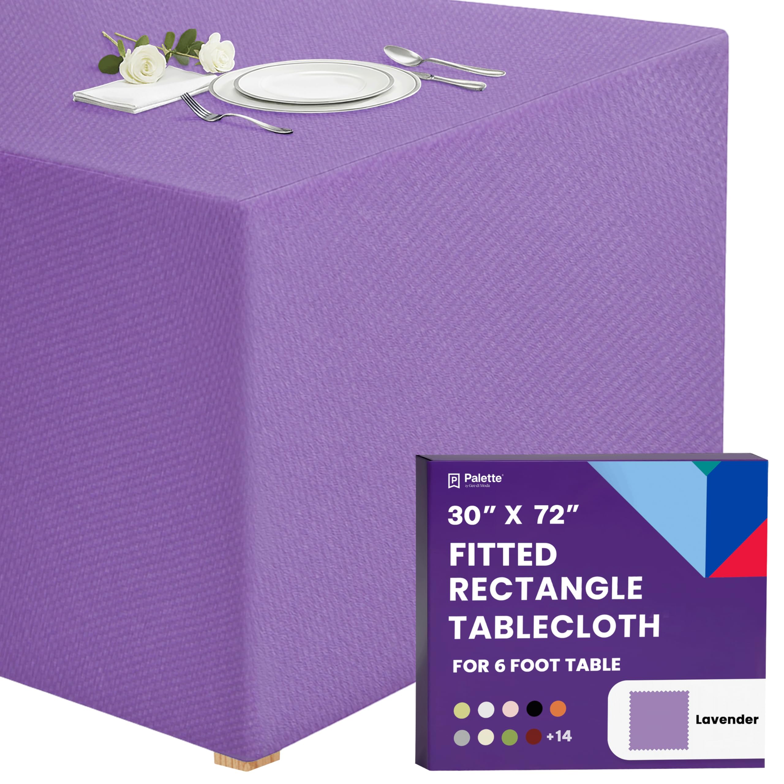 Gee Di Moda Fitted Tablecloth - 72 x 30 Inch Lavender Fitted Table Cloth for Rectangle Table - Heavy Duty Washable Fabric - Buffet & Dinner Party Tablecloth