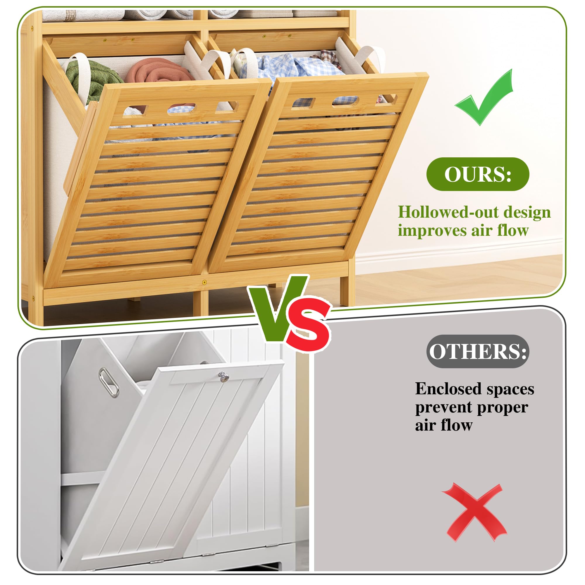 VASMIA Armadietto Bagno con Cesto per il Bucato, Bambù Mobile da Bagno, con 2 Ripiani, con 2 Sacchetti per il Bucato Estraibili (2 * 38 L), per Bagno, Camera da Letto, Lavanderia, Naturale