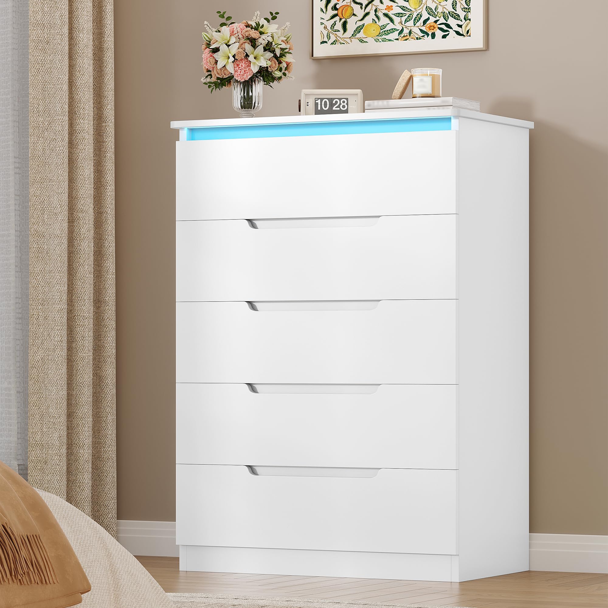 Hzuaneri Cómoda 5 Cajones, Cajonera Dormitorio, Armario Auxiliar con Tira de luz LED, Cómoda Dormitorio, Estilo Moderno, para Salón, Dormitorios, Pasillo, 40 x 60 x 103 cm, Blanco DC01503XEU