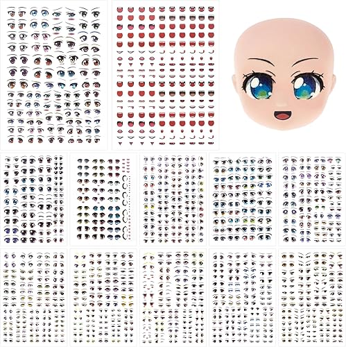 Joez Wonderful 12 calcomanías de ojos de agua para muñecas, calcomanías de agua para ojos, lindos dibujos animados para accesorios de arcilla de