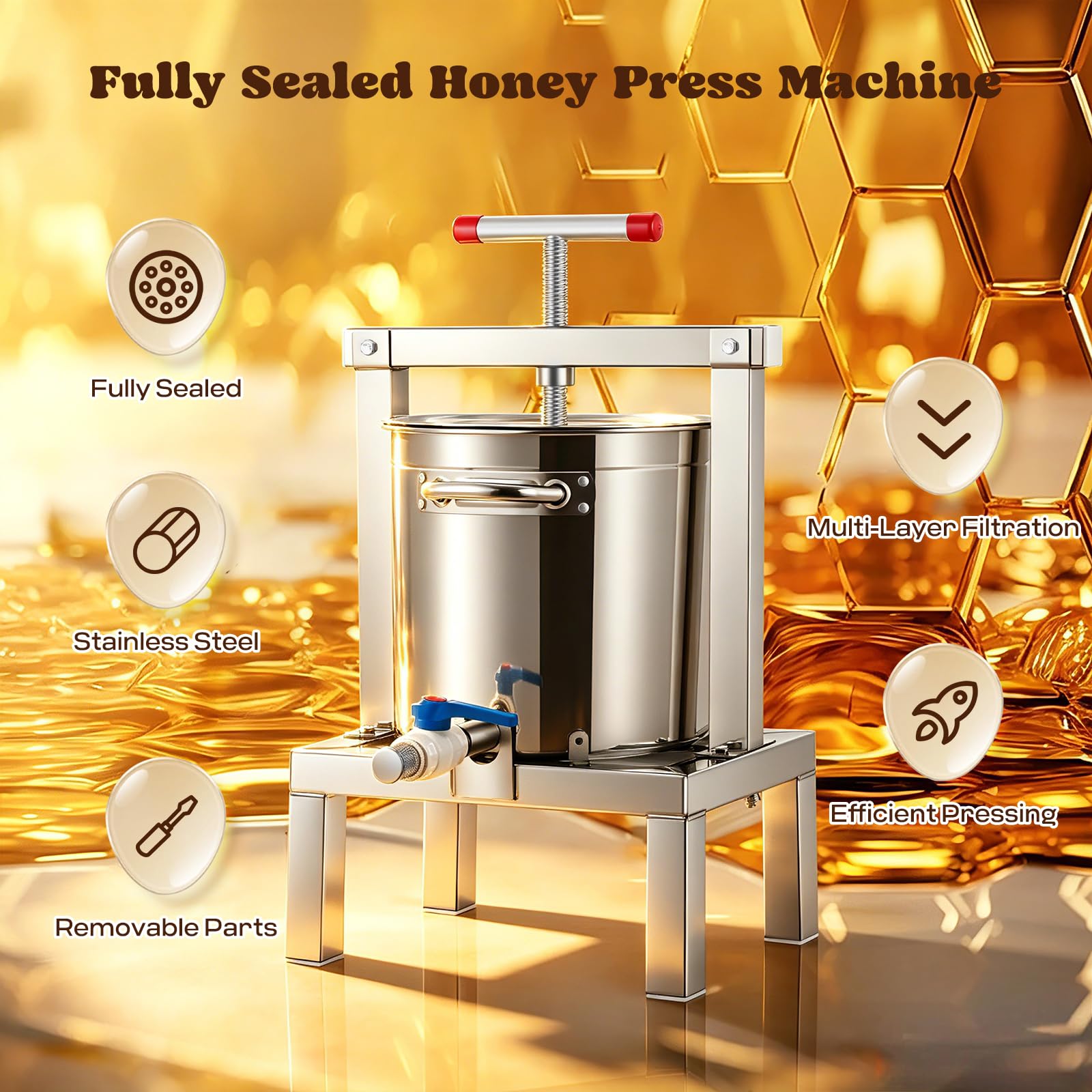 Moongiantgo Presse à Miel Manuelle De 10 L, Presse à Fruits Et à Vin En Acier Inoxydable Avec Poignée En T, Entièrement Fermée, Filtration Multiple, Amovible Pour Miel, Jus, Vin, Cidre, Et Apiculture