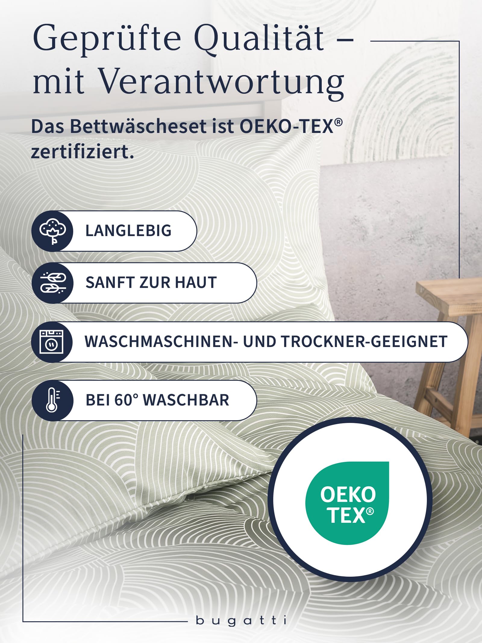 bugatti Bettwäsche 135x200 cm - 100% Baumwolle, Reißverschluss, anschmiegsam, weich & waschbar, Mako Satinbettwäsche Kreise grafisch grün