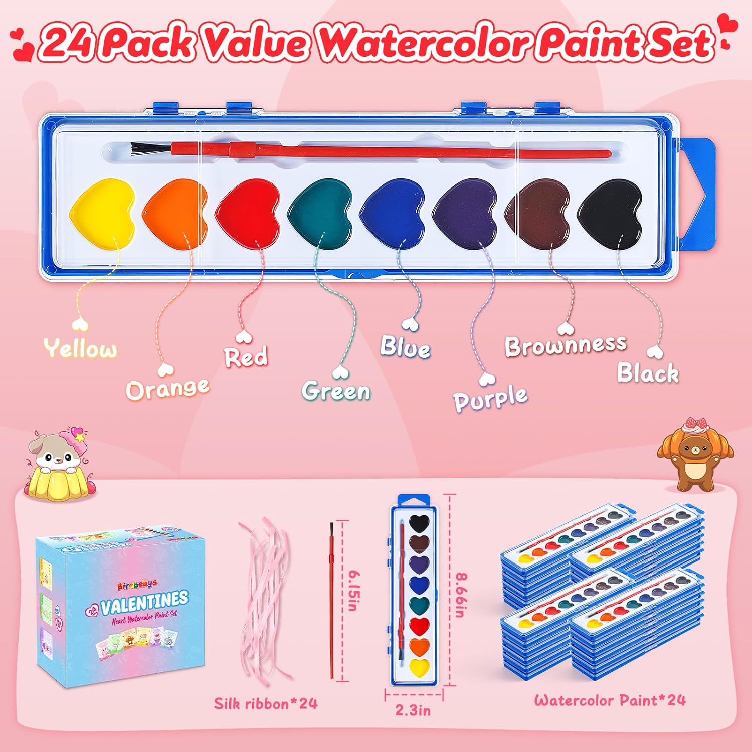 Valentines Day Cards for Kids School - 24 Packs Heart Watercolor Paint Sets with Greeting Cards, Valentines Day Gifts for Kids Classroom Prize Exchange, Valentine Art Party Favors for Boys Girls