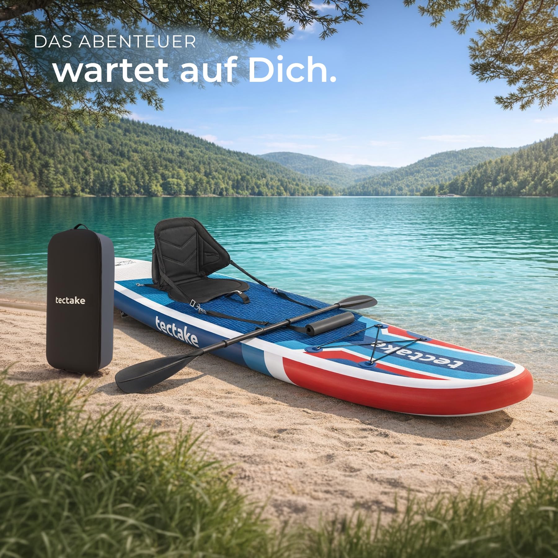 tectake® 2in1 Stand Up Paddle Board, mit Sitz als Kajak nutzbar, SUP aufblasbar, mit Pumpe, 3 Finnen, Rucksack, Doppelpaddel, Paddel, komplettes Zubehör, bis 200 kg belastbar - rot/blau