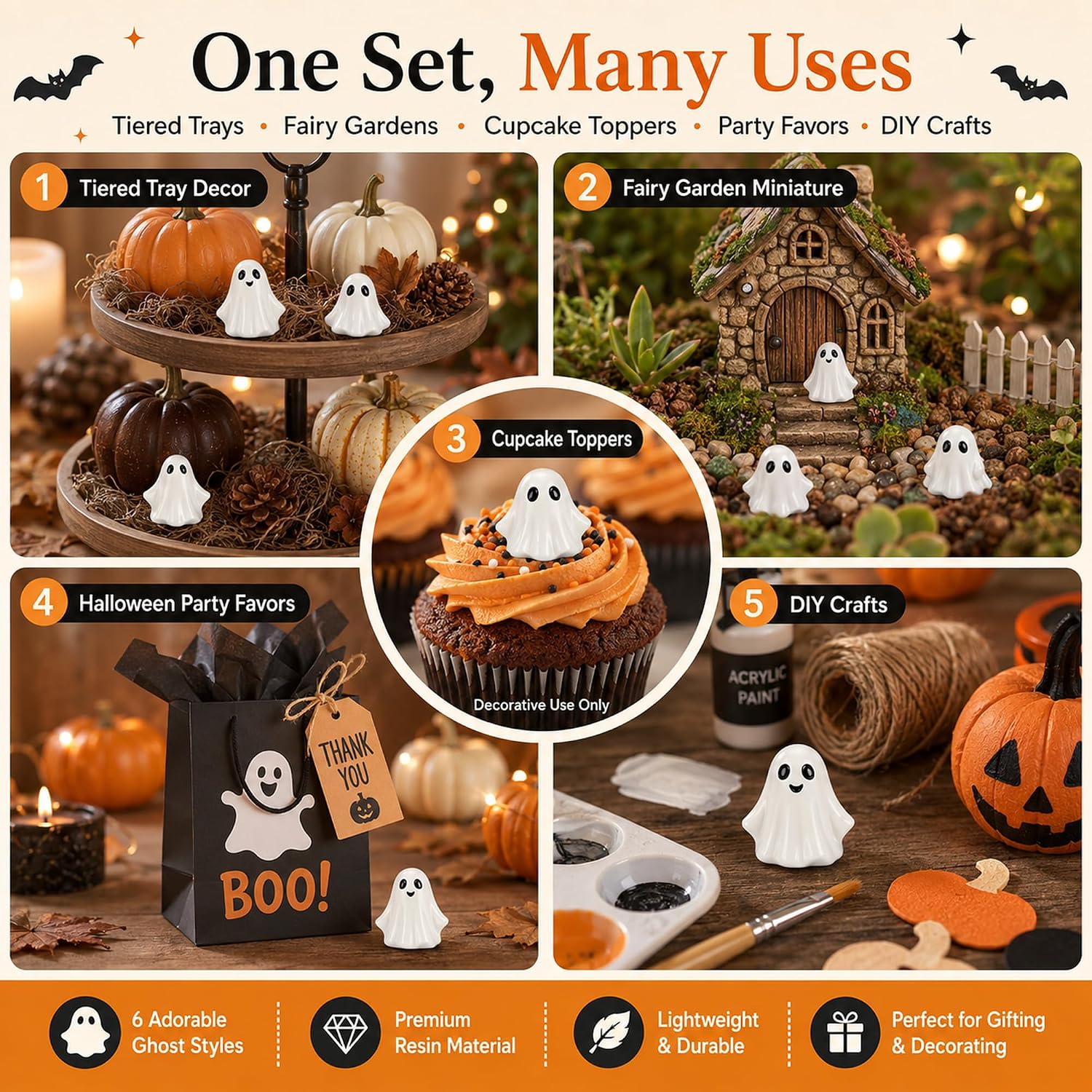100PCS Mini Resin Ghosts Figurines,Cute Halloween Ghost Figurine Miniatures Decorations for Fairy Garden, Cupcake Topper, DIY Crafts, Party Favors,6 Styles