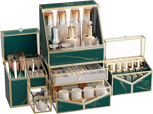 Miniatura 1 de Organizador de maquillaje extra grande, almacenamiento de cosméticos de vidrio con cajones, organizador apilable de maquillaje y joyas para mesa de