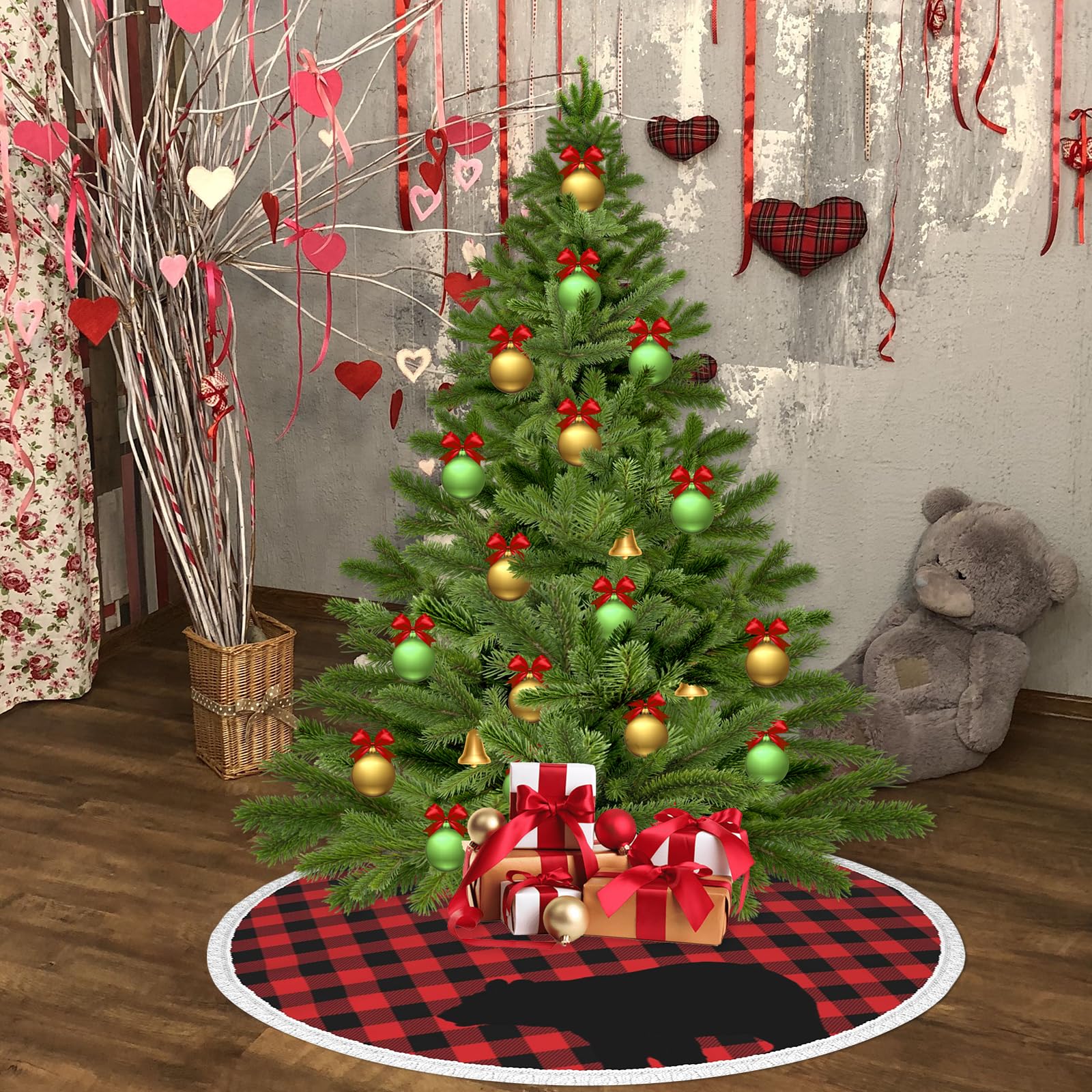 Christmas Tree Skirt Red Plaid Black Bear 48