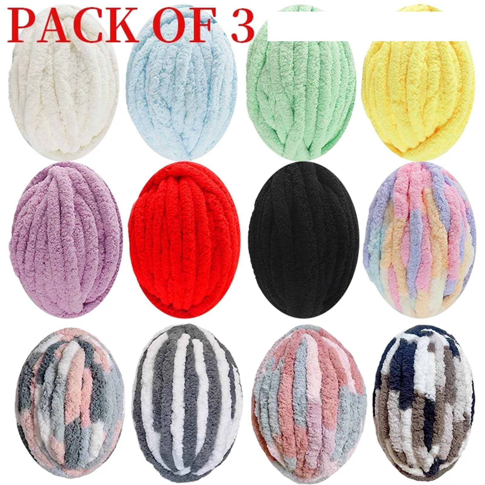 Lana Gruesa Para Crochet Set de 3 piezas de hilo grueso de chenilla como el terciopelo, ideal for tejer gorros, muñecas, guantes y mantas a bajo precio.(10 Black)