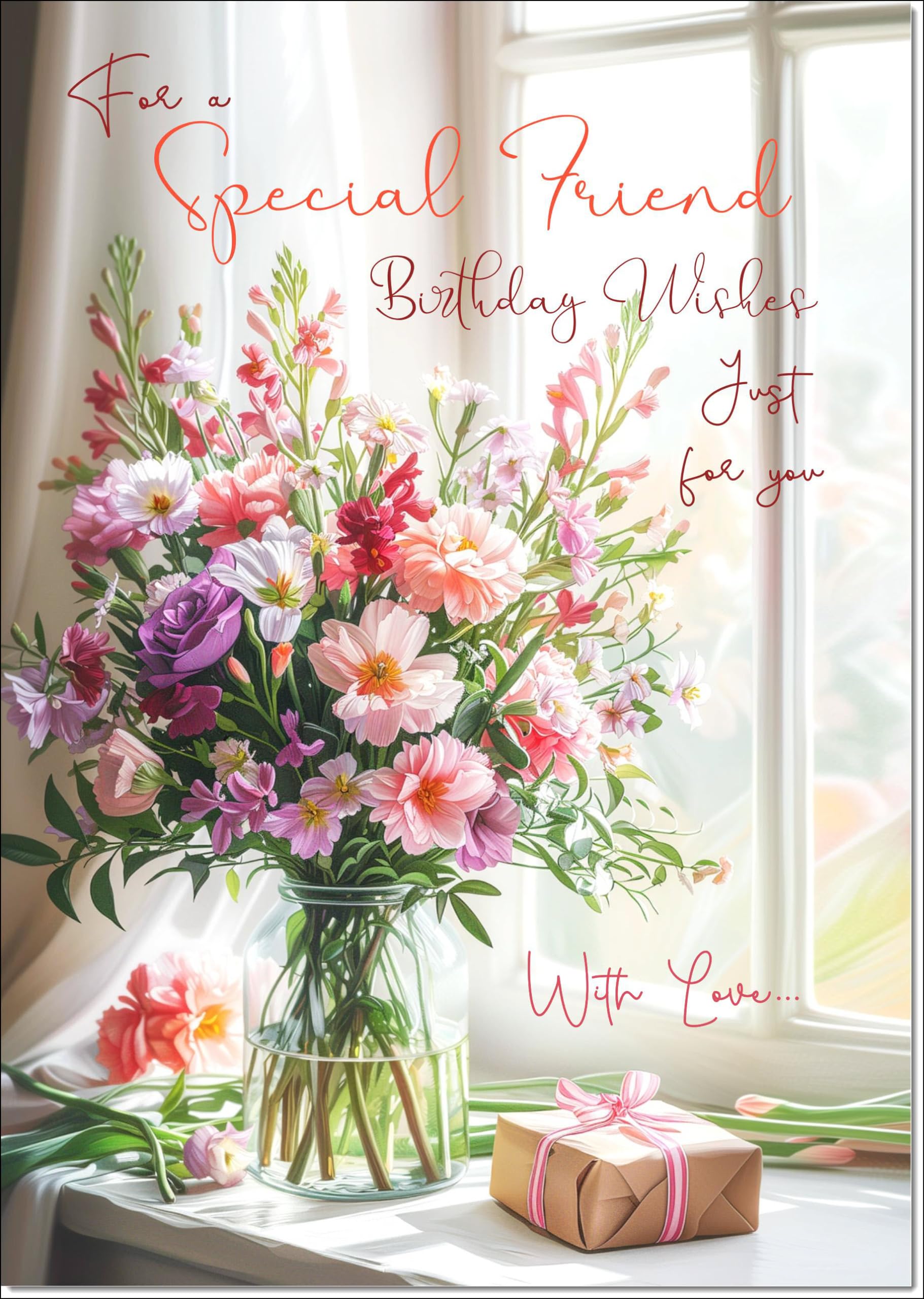 doodlecards Special Friend Birthday Card Flower Bouquet and present Large A4 Size with Plain Envelope — image 1