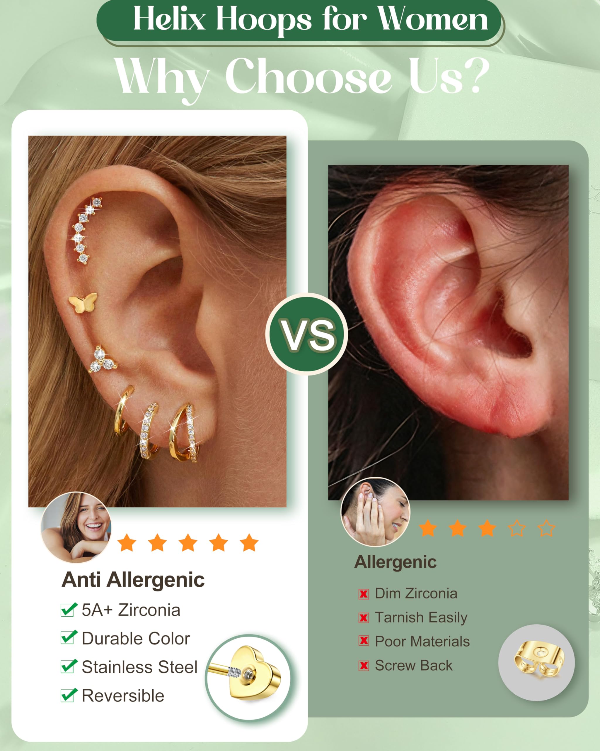 27 Pezzi Helix Piercing Gioielli Orecchini in Acciaio Chirurgico con Parte Posteriore Piatta per Donne Helix Orecchini a Cerchio Set Trago Orecchino Cartilagine Argento Oro Conchiglia Daith Rook Trago
