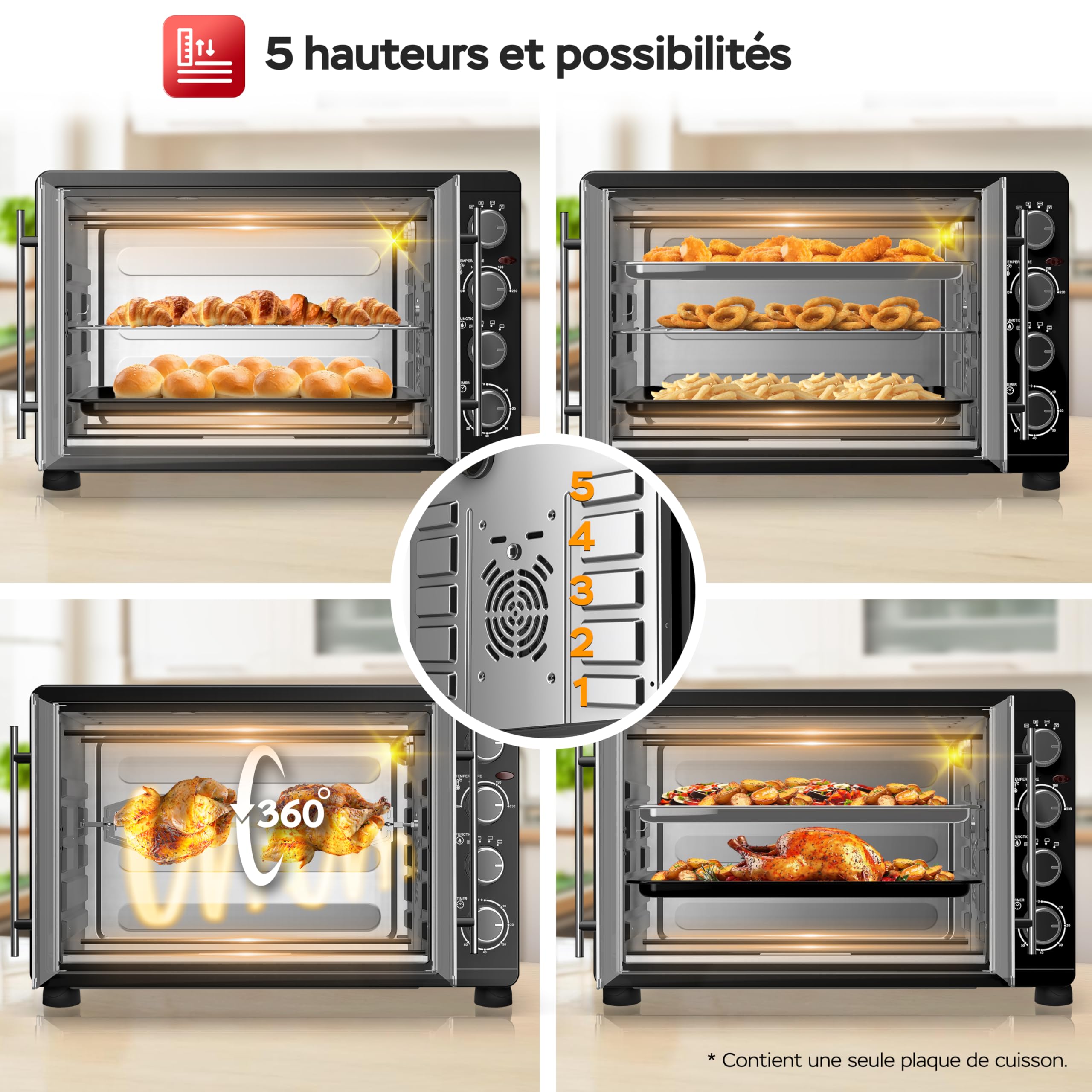 TurboTronic Mini four avec chaleur tournante, 45 l, noir, 2000 W, tournebroche, minuteur, mini four, four à pizza, plaque de cuisson, éclairage intérieur