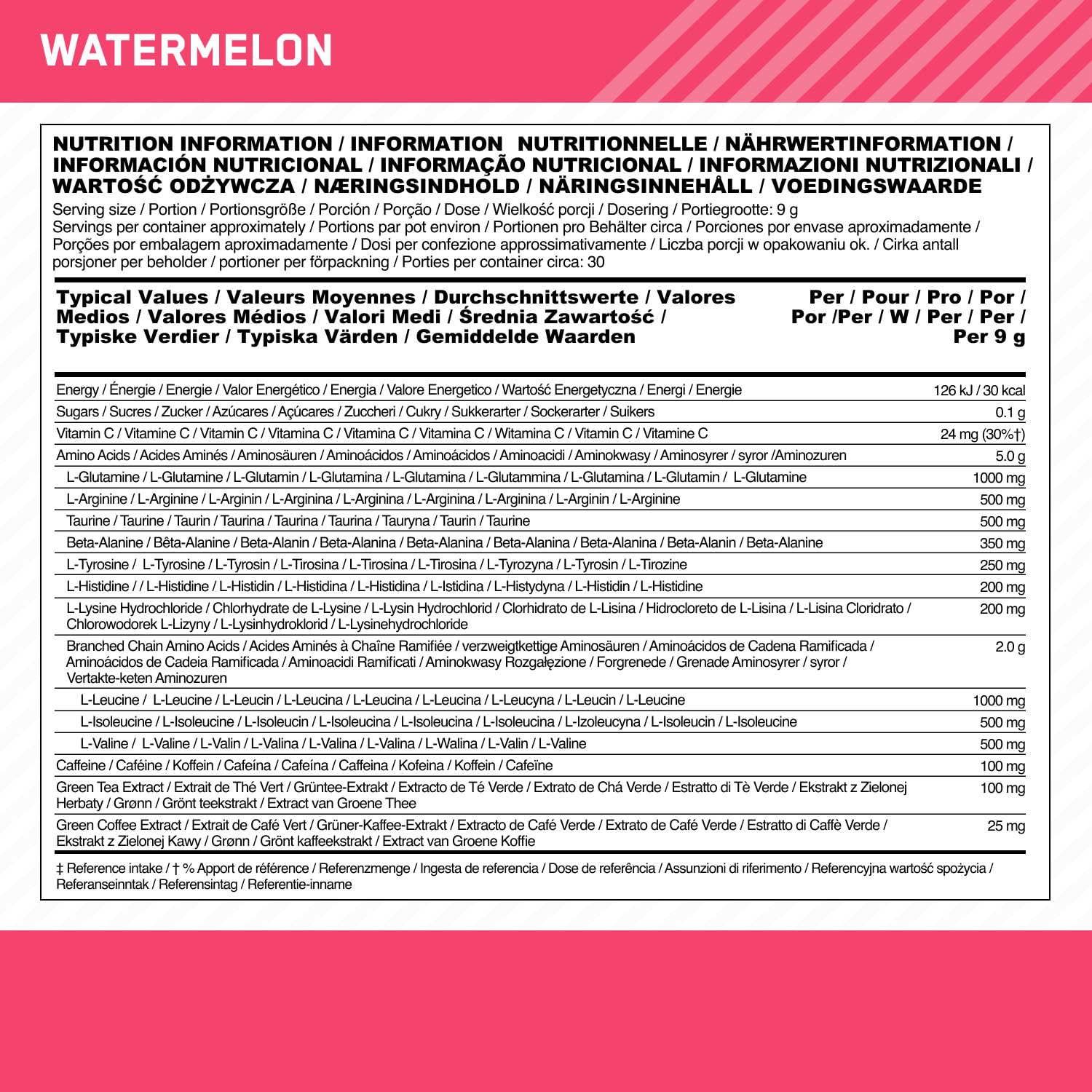 Optimum Nutrition Amino Energy Pre Workout en poudre, boisson énergisante avec acides aminés, BCAA, L-Glutamine et L-Leucine, complément vitamine C caféine, goût Pastèque, 30 portions, 270 g