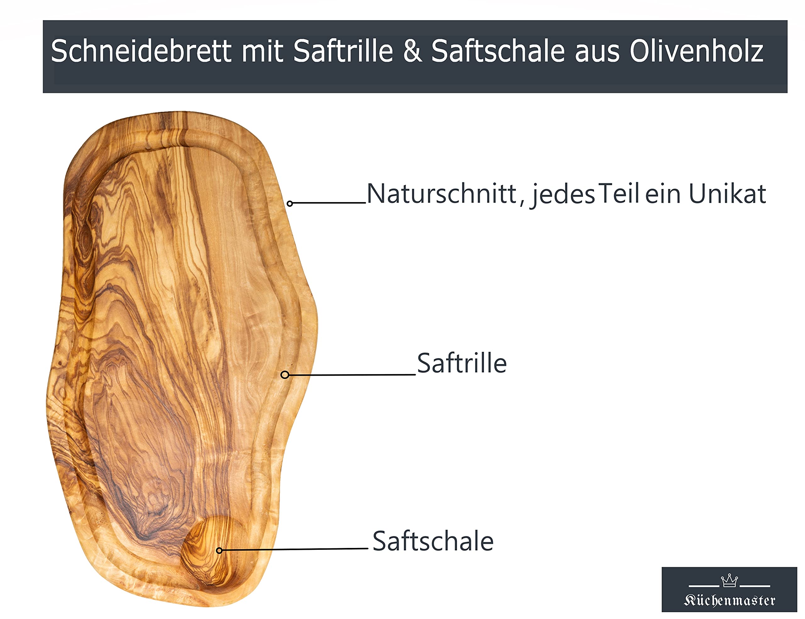 Tagliere con scanalatura in legno d'ulivo, 38-40 cm, tagliere in legno d'ulivo, tagliere da bistecca, tagliere per carne igienico, antibatterico