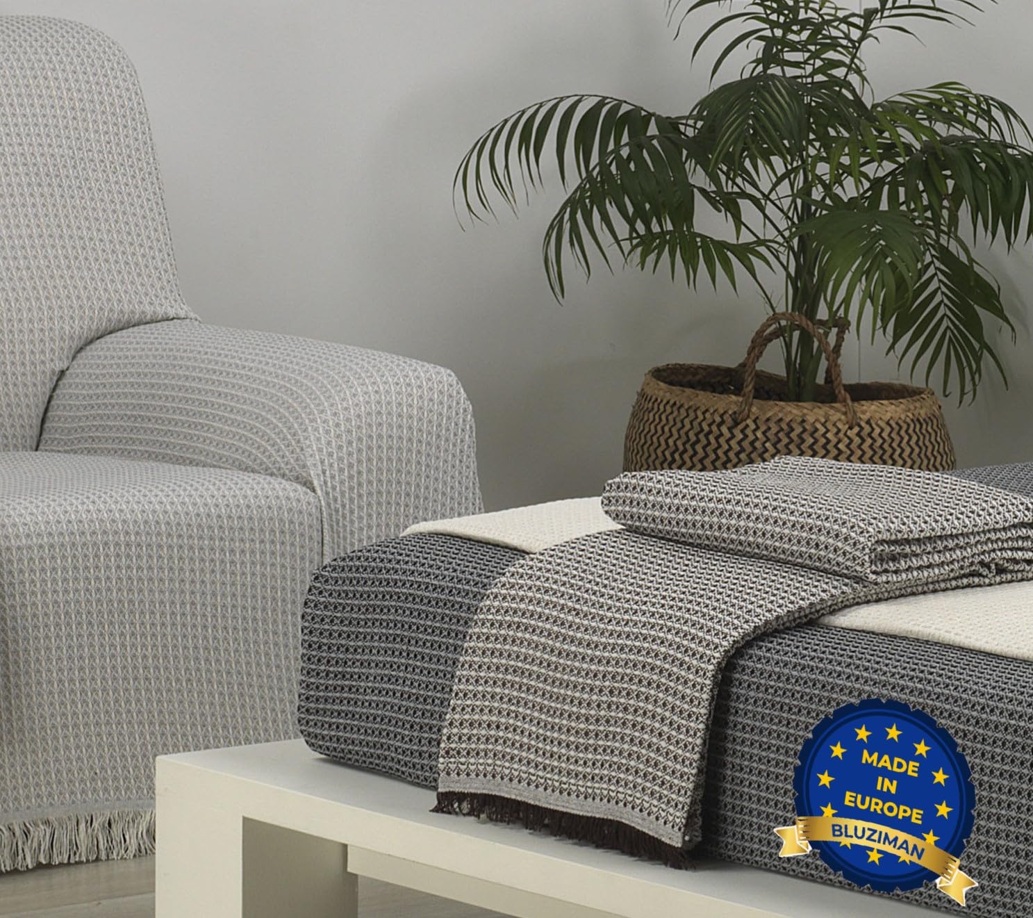 BLUZIMAN Manta Multiusos Algodon Suave Hecho 100% en España, Manta Sofa Cuatro Estaciones, Colcha Plaid Cama, Cubrecama, Cubresofa Bouti, Sobrecama (Beige, 180x260cm)