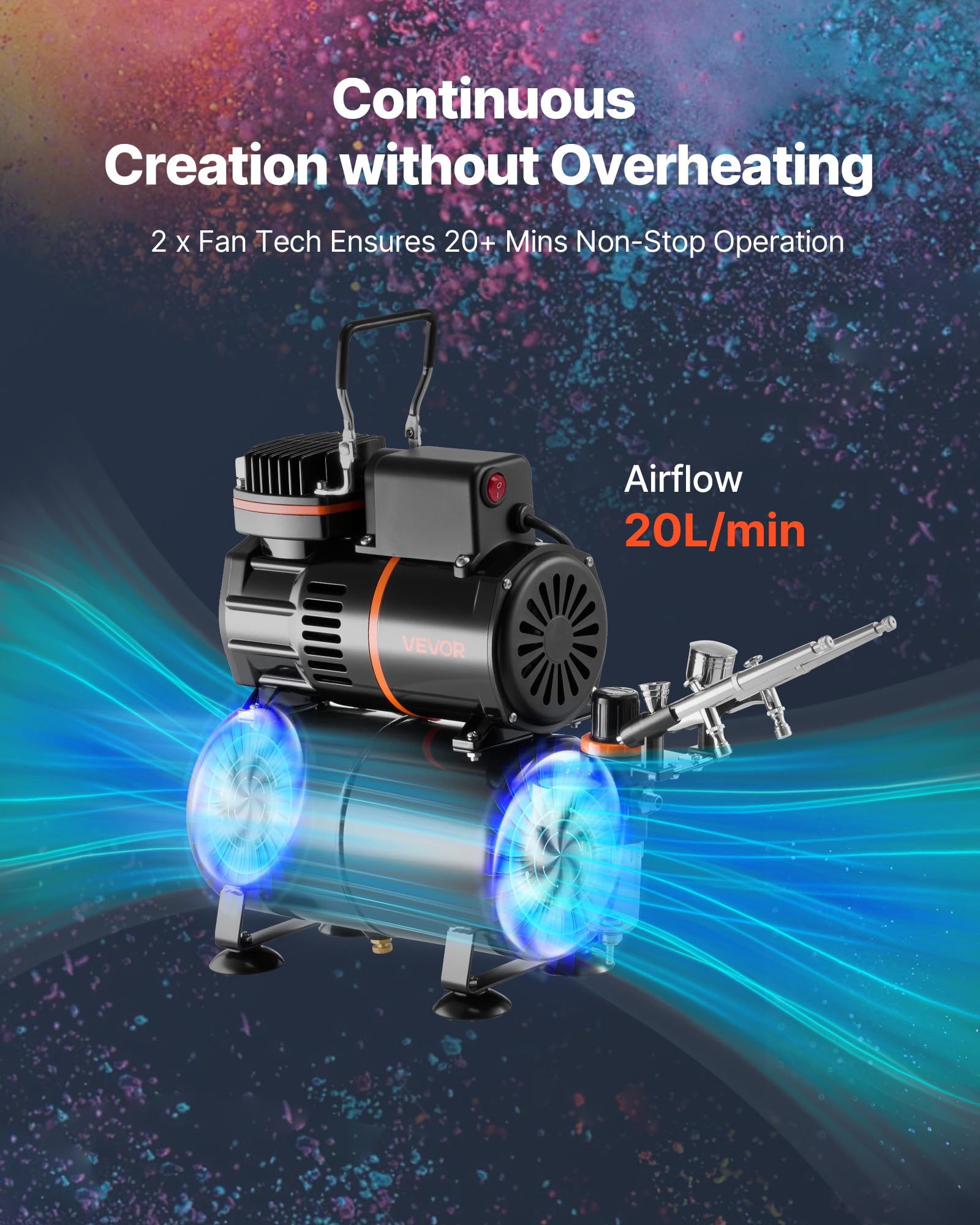 VEVOR Zestaw do aerografu 1/6 HP ze zbiornikiem 3 aerografu podwójnego działania z 3 dyszami, wężem, 6 farbami akrylowymi, zestaw do malowania do dekoracji ciast, makiet, paznokci
