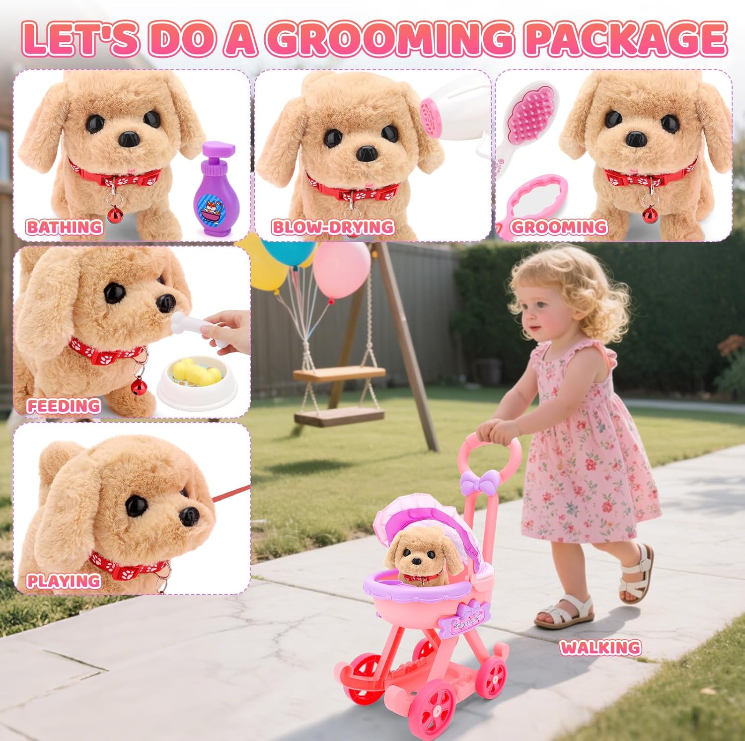 deAO Dog Toys for Kids Girls Boys, Interactive Electronic Puppy Stuffed Dog with Stroller Grooming Care Accessories Toys, Puppy Pet Care Pretend Play Set for 3+ Years Old Toddler Girls Birthday Gifts