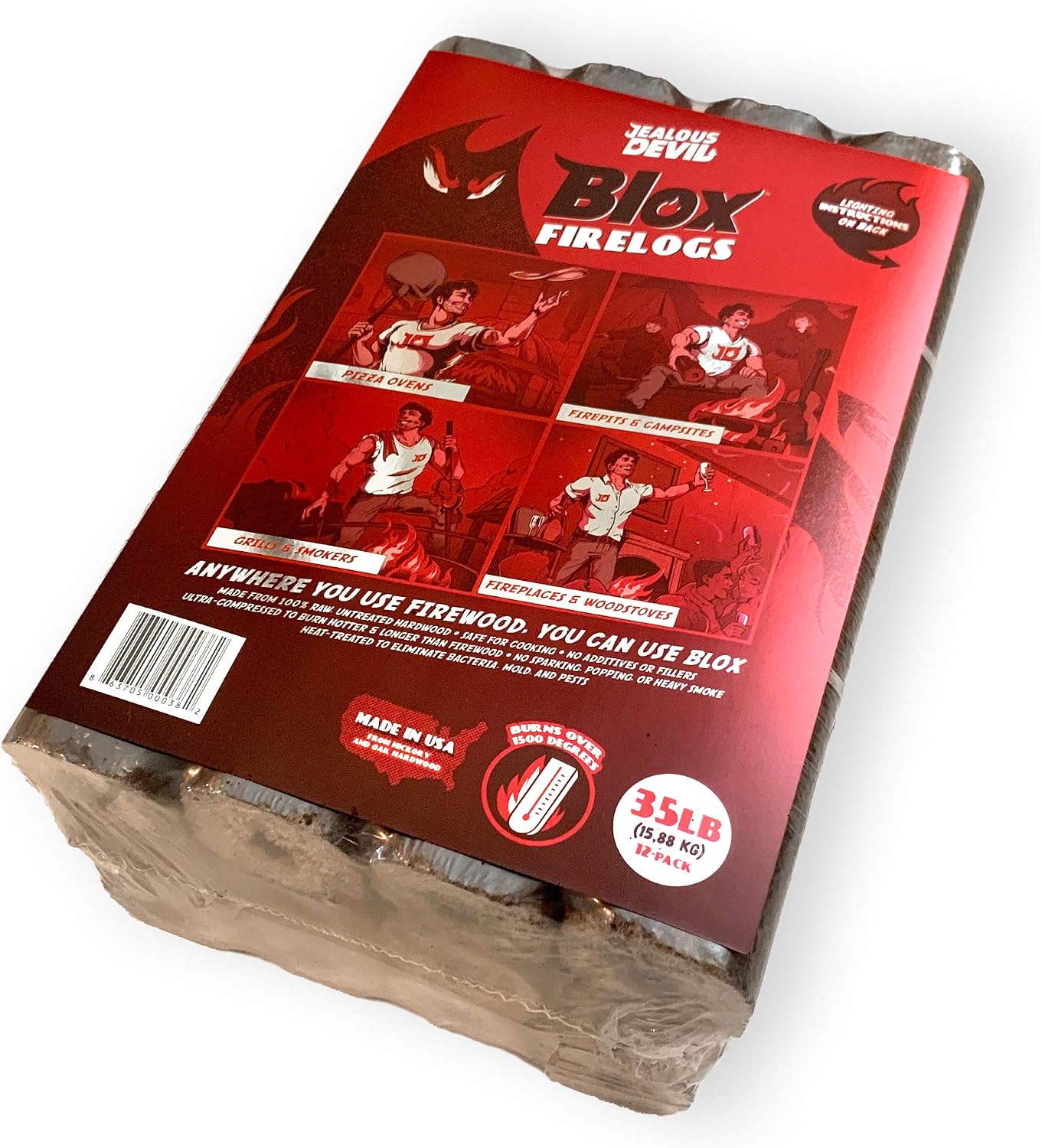 Jealous Devil Blox Hickory & Oak Compressed 100% Natural Professional Restaurant Grade Hardwood Firewood for Cooking and Grilling, 12 Logs