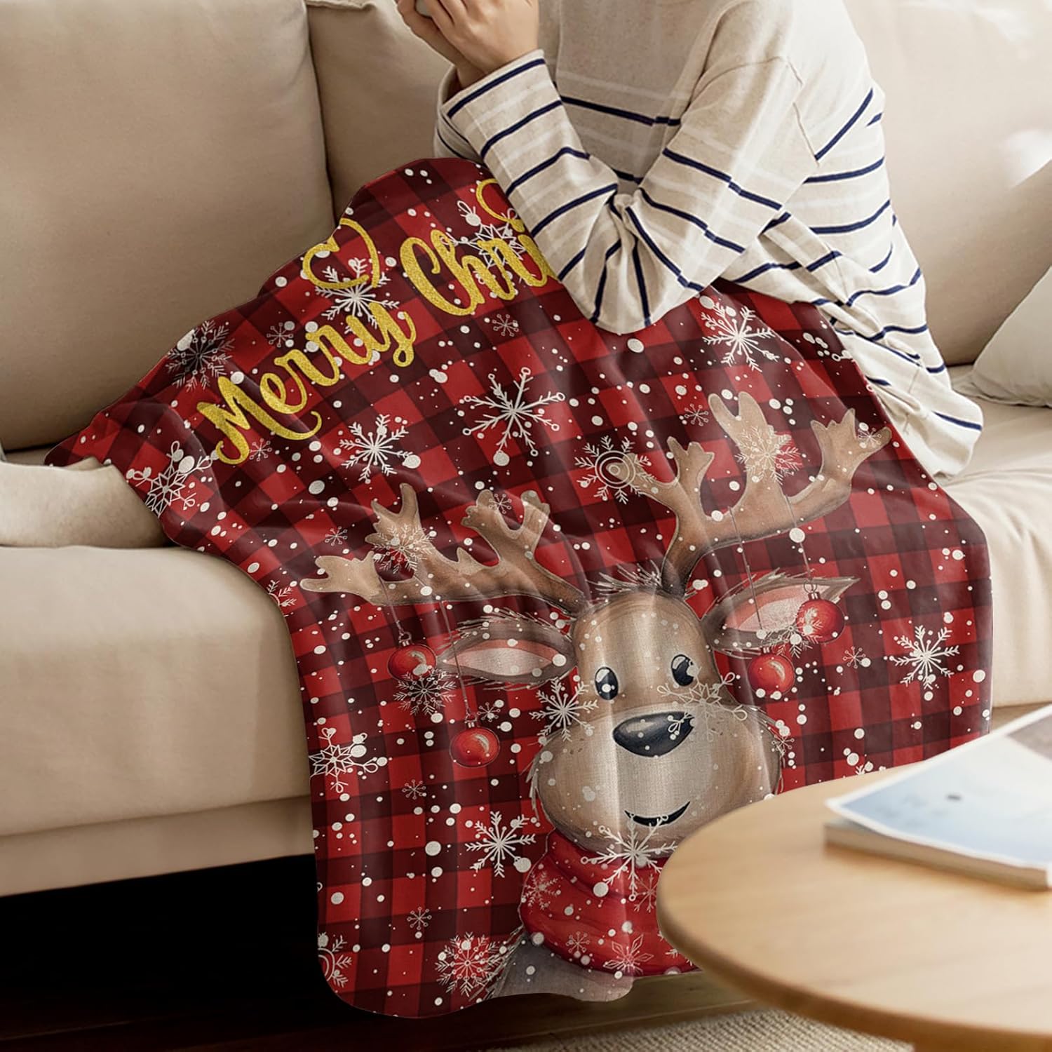 Fuzzy Fleece Throw Blanket, Lightweight Merry Christmas Xmas Tree Elk Red and Black Buffalo Plaid Super Soft Flannel Bed Blankets, Reversible Plush Sherpa Blankets for Couch, Bed, Sofa 49"x59"