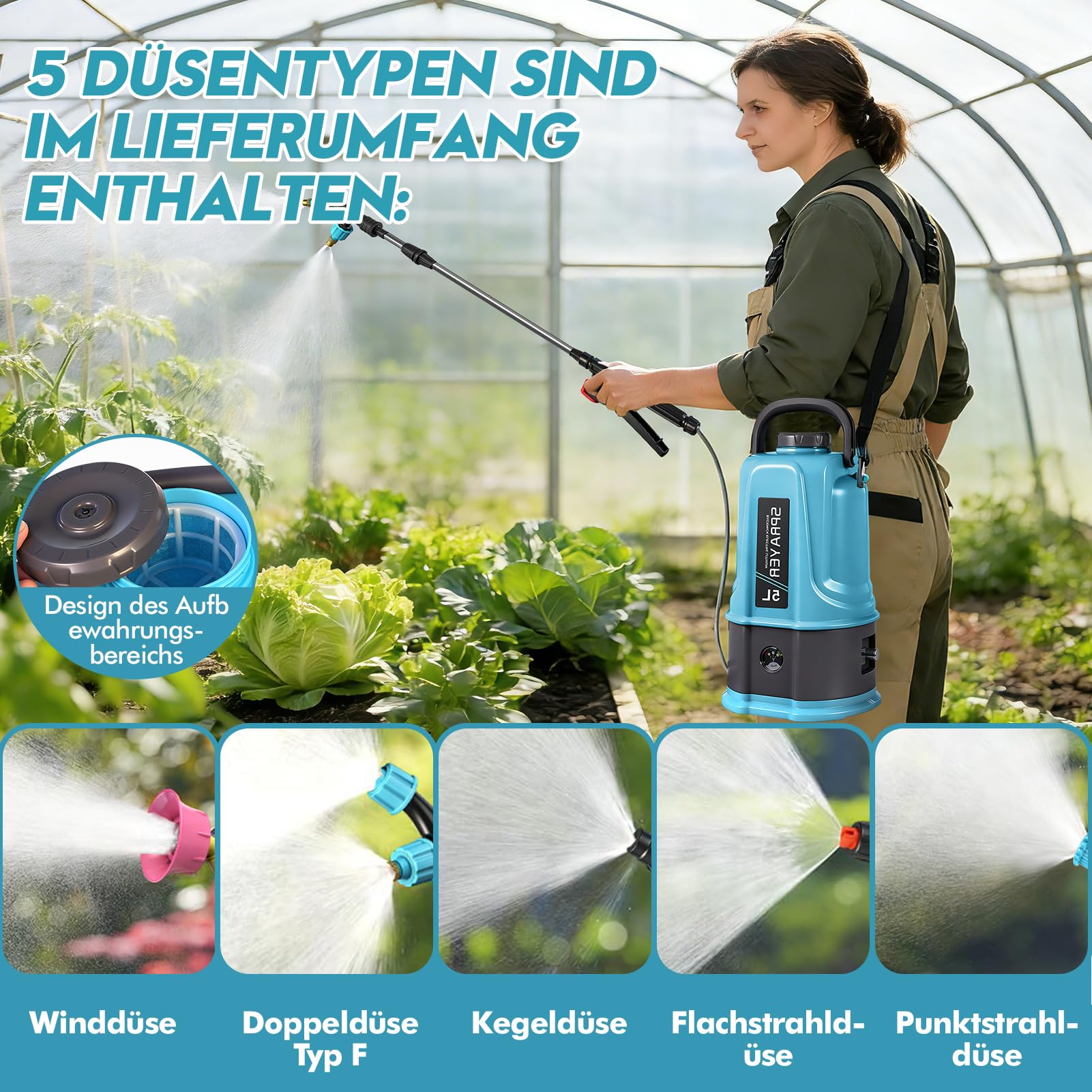 Akku Drucksprüher 5L,45PSI Rückenspritze Pflanzensprüher Kompatibel mit Makita 12V Batterien,Elektrischer Pflanzensprüher mit 4 Düsen,60cm Teleskopstab,2.0 Ah Akku,Ladegerät