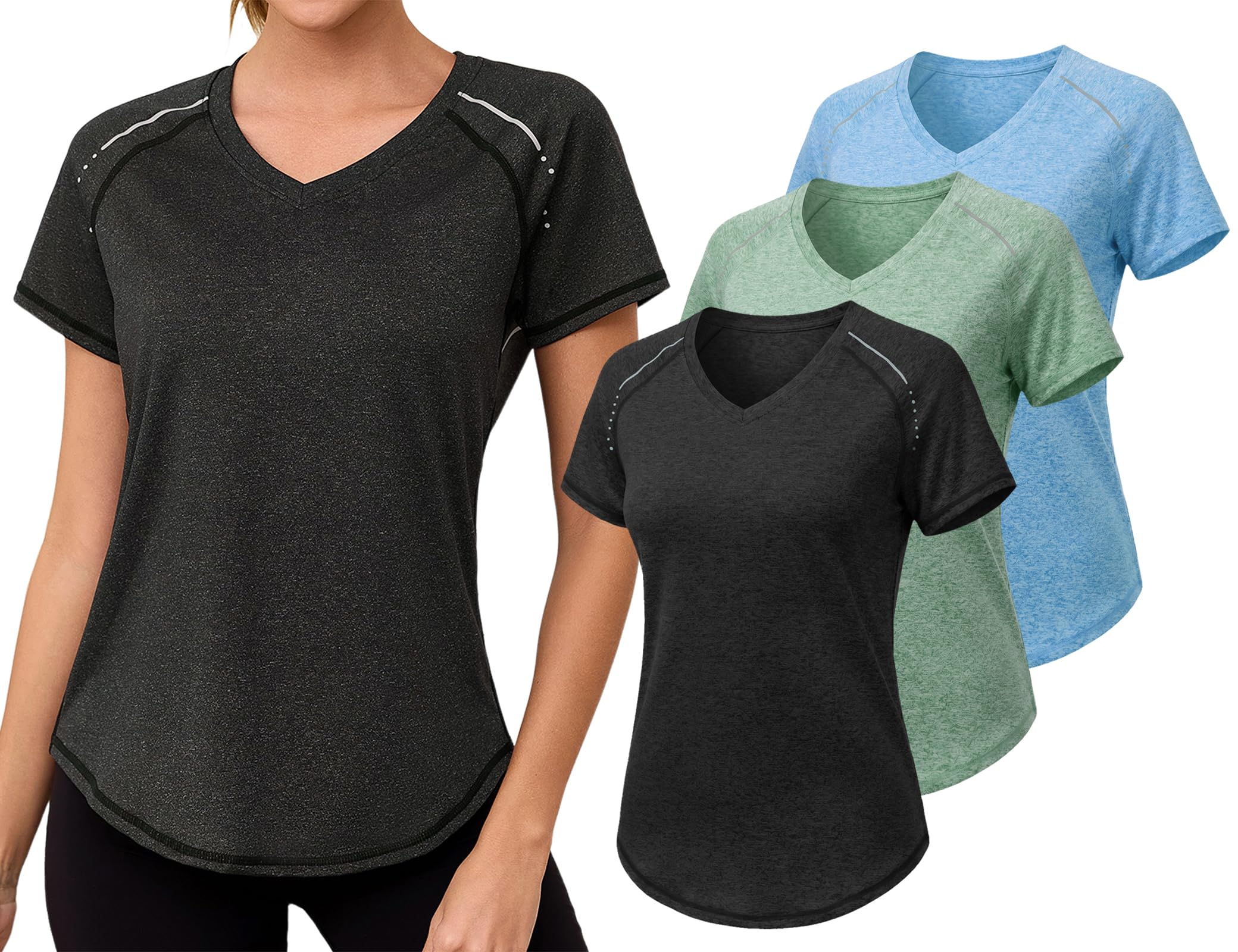Gyabnw T-Shirt Sport Femme col V T Shirt Top Bandes Réfléchissantes Manches Courtes Léger et Confortable Haut de Sport pour Fitness Running Yoga
