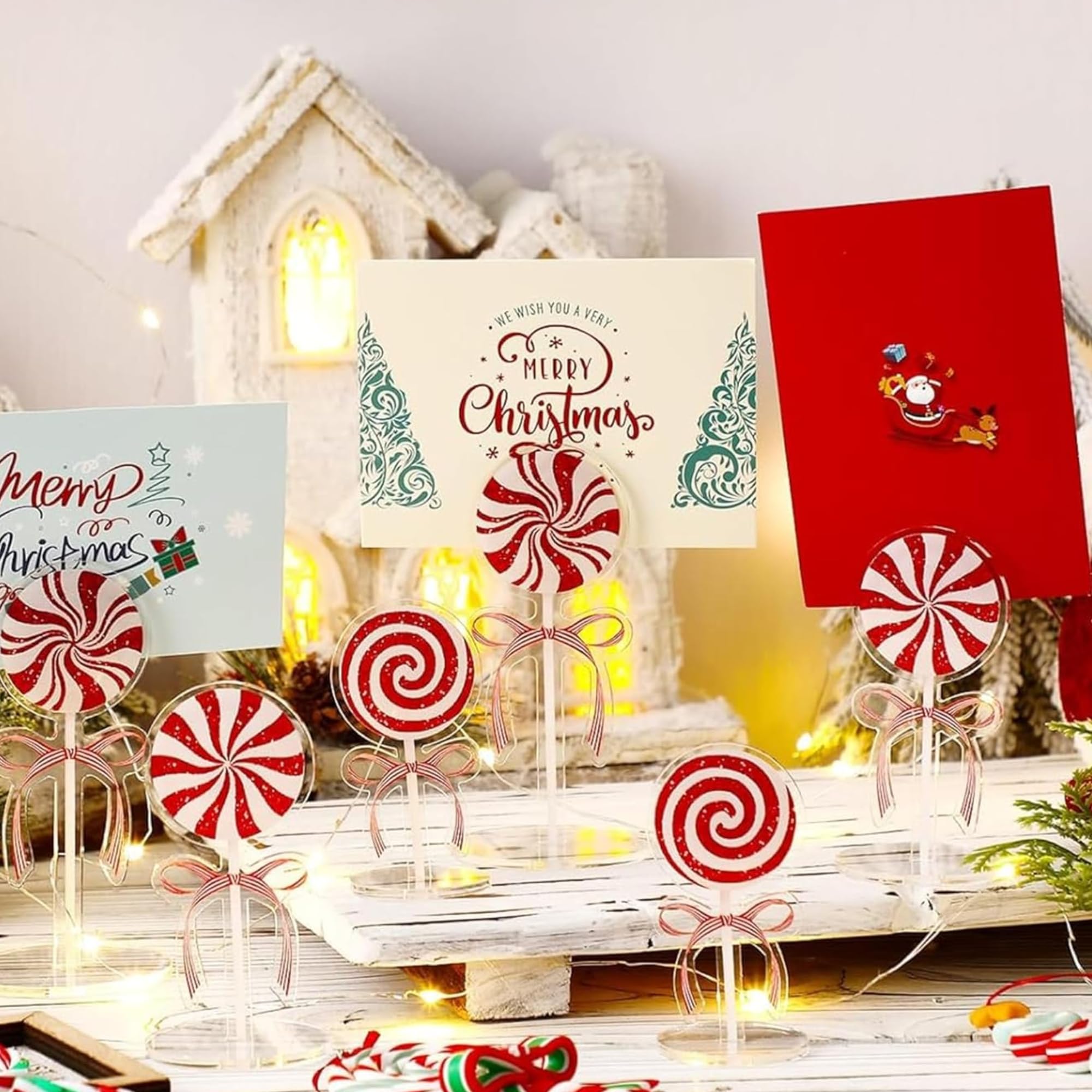 12 Pcs Christmas Candy Table Decorations Candy Cane Photo Holders Xmas Acrylic Centerpiece Red White Picture Stand Place Card Table Number Holders for Xmas Tiered Tray Home Desk Office Decor