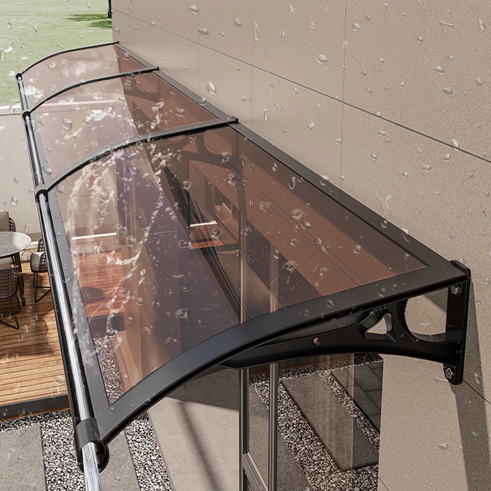 Modern Exterior Front Door Awnings with Aluminum Bracket, Polycarbonate Awning & Canopies, Rain Gutter & UV Protection (L60*W120cm/L24*W120cm)