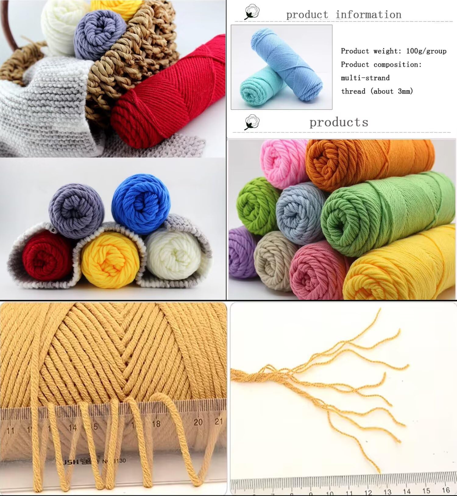 Generisch Handstrickgarn in verschiedenen Farben, 100 g Rolle, für Pullover, Puppen, Schals, 3 mm starkes Häkelgarn, 8-fädiges Tuftinggarn für Tuftingpistole, Punch Needle, weicher Effektgarnfaden