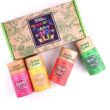 Earth Inspired Gulal Red, Yellow, Pink and Green Colour Hand-Made Herbal Gulal Gift Set Pack of 4 (4 x 50gm)