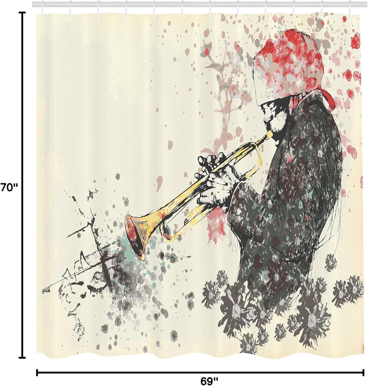 Ambesonne New Orleans Shower Curtain, Trumpeter Man with Hand Drawn Flowers and Color Splashes, Cloth Fabric Bathroom Decor Set with Hooks, 69" W x 70" L, Dark Green Vermilion and Cream