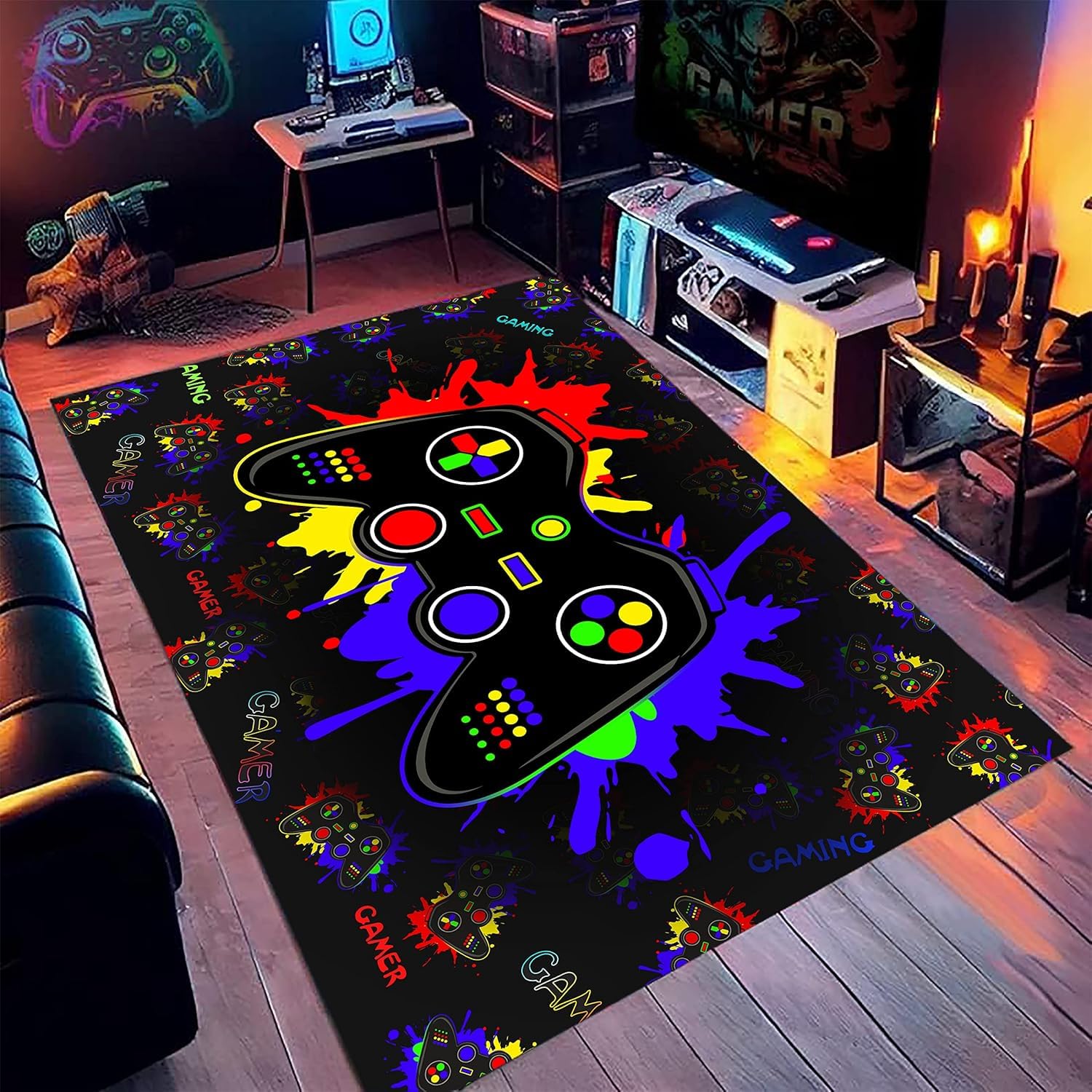 USHIRUG Colorful Gaming Rug, 180x260cm 3D Printed Controller Boys Game Room Decor Mat, Non-Slip Washable Soft Carpet for Bedroom, Abstract Geometric Gaming Rugs for Living Room Entrance Lounge
