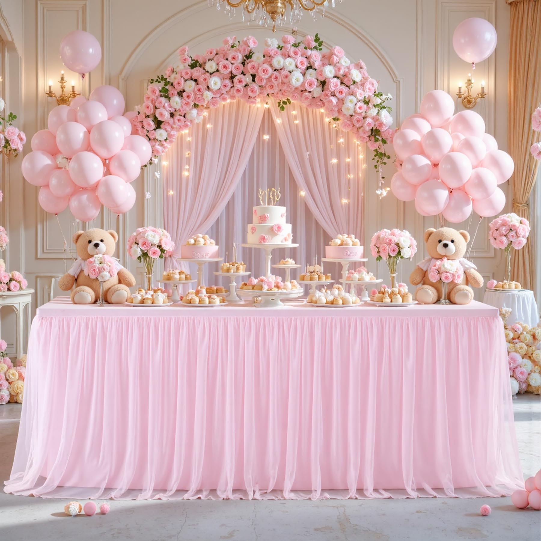 Photo 1 of 6ft Pink Tulle Tablecloth for Rectangle Tables 6 Foot Pink Table Cloth Rectangle Wrinkle Free Stretch Table Cover with Tutu Skirt for Baby Shower Girls Birthday Party Banquet Buffet Desk Skirt