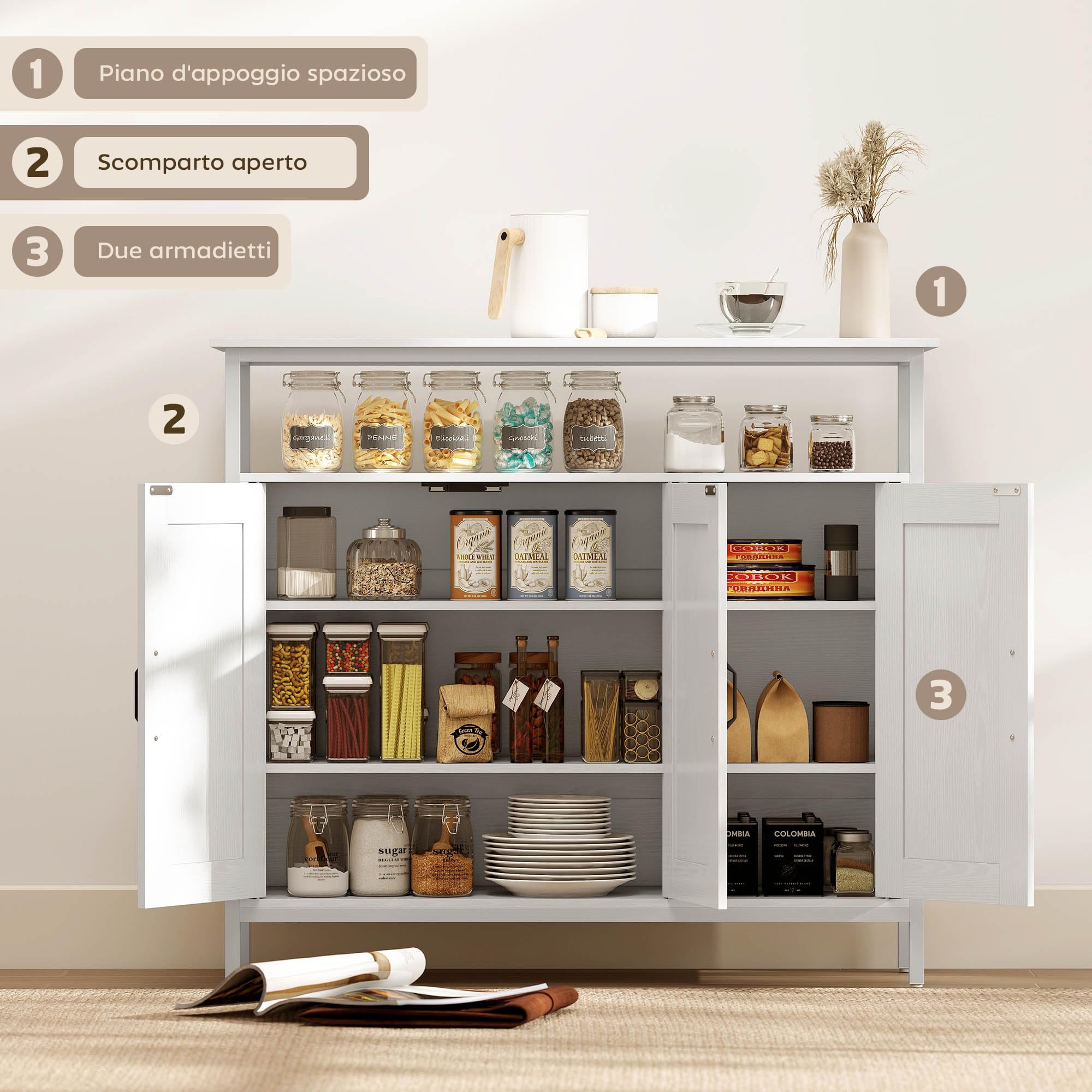 HOMCOM Credenza Cucina Ripiano Aperto 2 Armadietti 100x35x88 cm Bianco | Mobile Cucina con Ripiani Regolabili in Legno, Credenza Soggiorno Buffet, per Ingresso Salotto e Sala da Pranzo