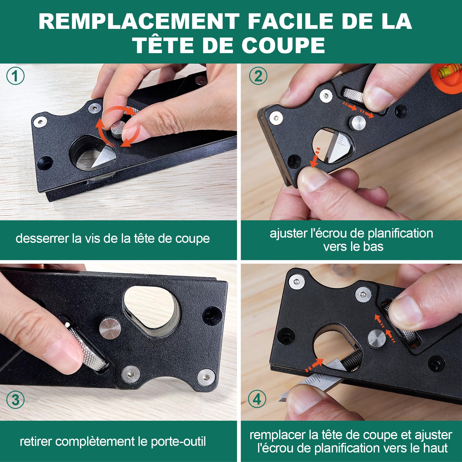 HYCHIKA Rabot Bois, Raboteuse à Chanfreiner avec 4 Têtes de Coupe 45°/3/5/6mm, Poignée Ergonomique, Bulles de Repérage, Rabot à une Main pour les Travailleurs du Bois, Menuisiers, ébénistes