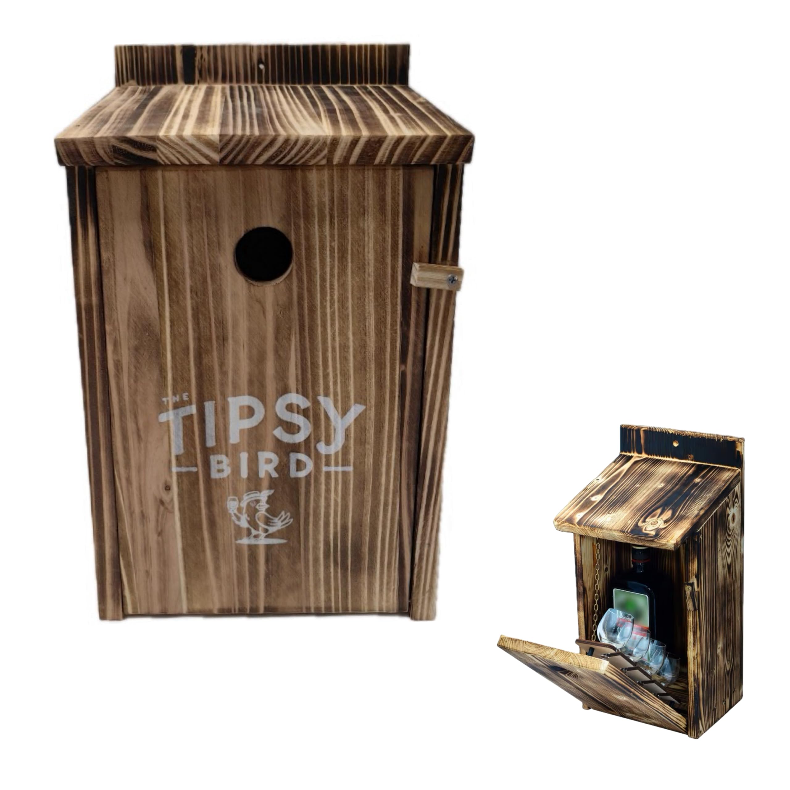 Casetta per uccelli fiammata – Decorazione da giardino nascosta – Scatola per cinguettio in legno con scomparto segreto per bottiglia, divertente idea regalo per uomini, feste in giardino e