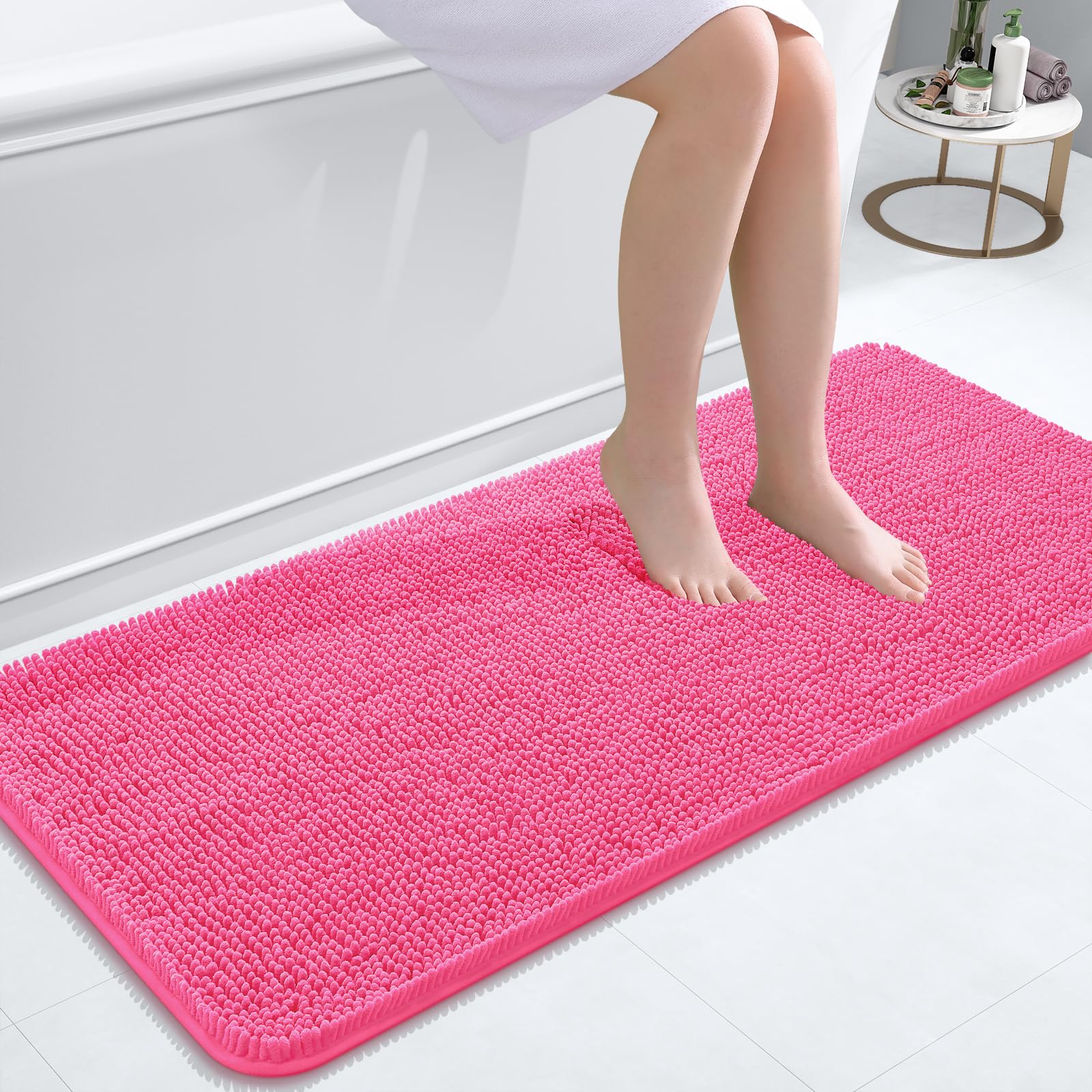 OLANLY Bathroom Runner Rugs 47x20, Soft Absorbent Chenille Bath Rugs, Rubber Backing Quick Dry, Machine Washable Long Bath Mats for Bathroom Floor, Tub and Shower, Home Decor Accessories, Hot Pink