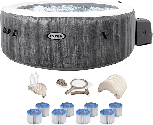 Intex PureSpa Plus Greywood - Bañera de hidromasaje inflable de burbujas y paquete de lujo con luz LED, 3 reposacabezas, bandeja de refresco y kit