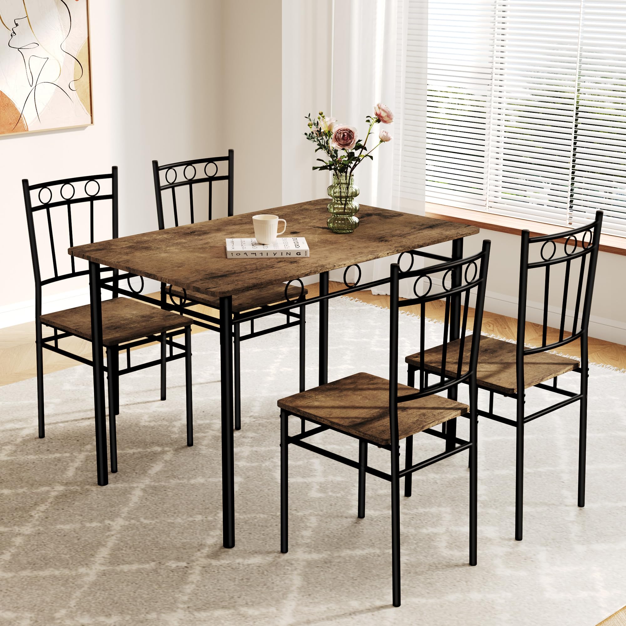 Dining Table Set for 4, 5-Piece Kitchen Table and Chairs, Rectangular Dining Room Table Set with 4 Chairs, Space-Saving Kitchen Table Set for Small Space,Dinette,Apartment,Retro Brown