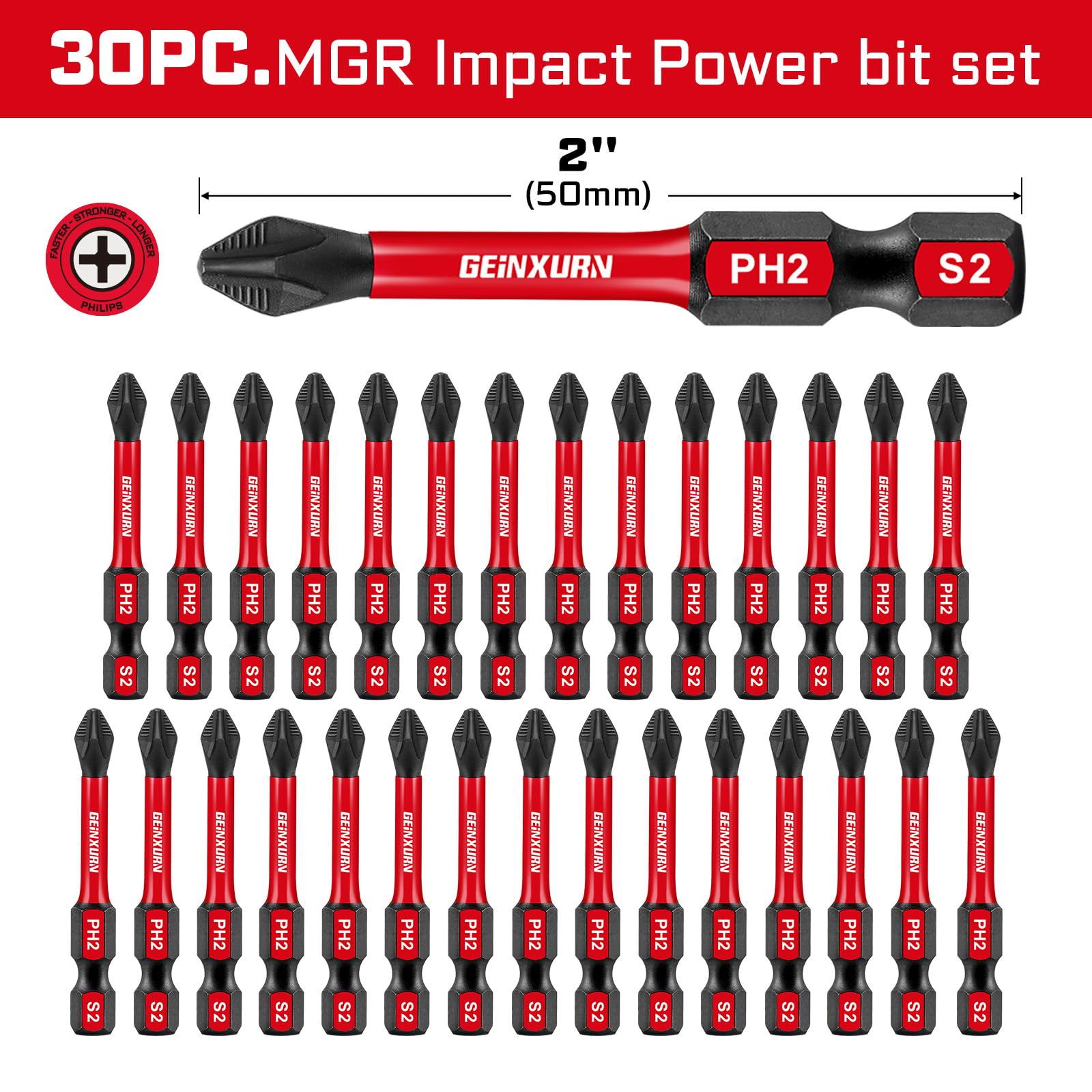 Geinxurn Juego de 30 puntas magnéticas #2 Phillips de 2 pulgadas. Puntas hexagonales antideslizantes para destornillador, vástago hexagonal de 1/4 pulgadas resistente a impactos PH2