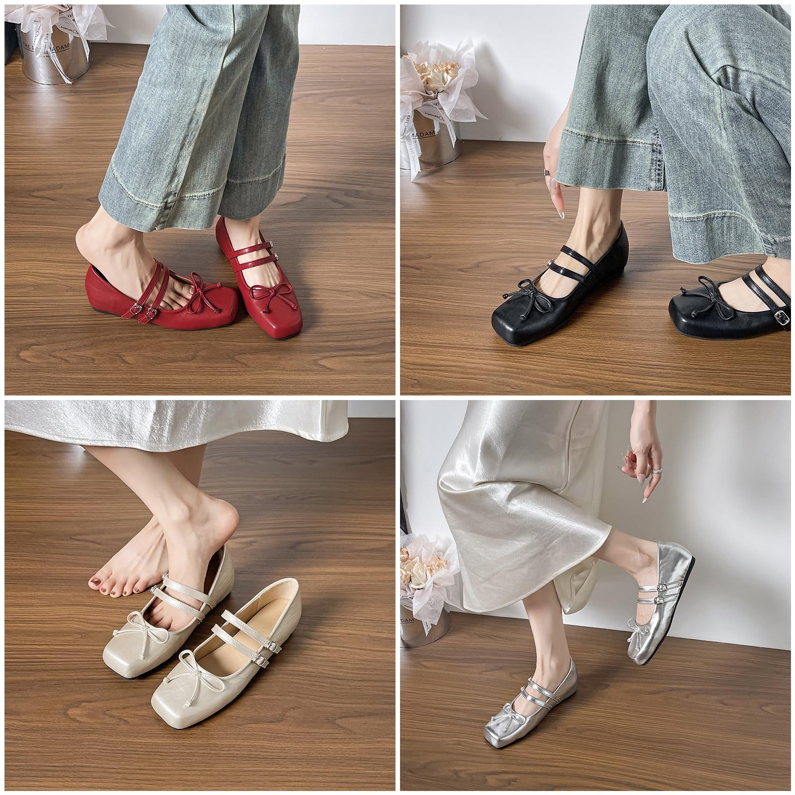 Mary Jane - Ballerine da donna, vintage, punta quadrata, doppia cinghia, con elegante fiocco, fibbia regolabile, comode, casual, per tutti i giorni, Argento, 36 EU