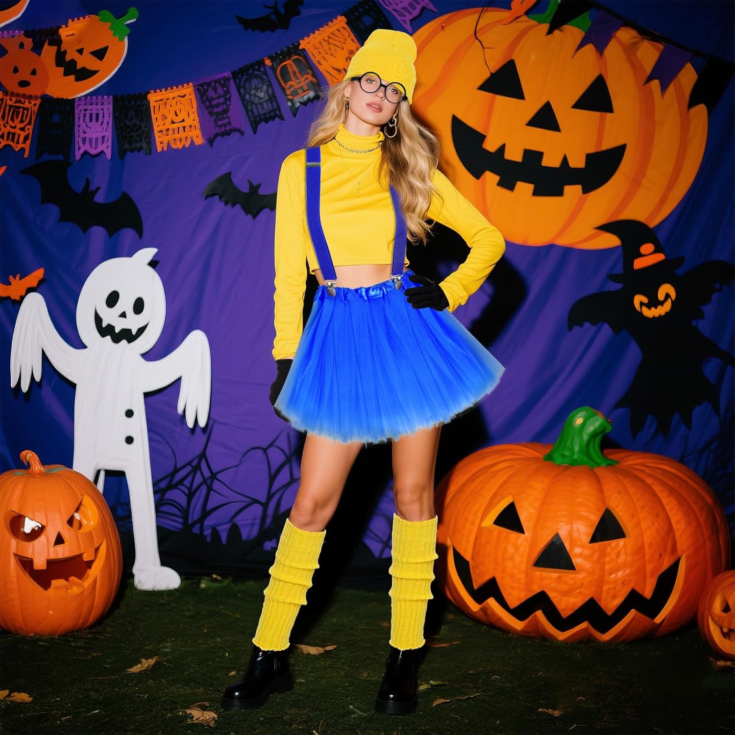 6Pcs Halloween Costume Set for Adult Yellow Beanie Hat Blue Tutu Dress Black Round Frame Glasses Gloves Suspender Leg Warmers - Image 7