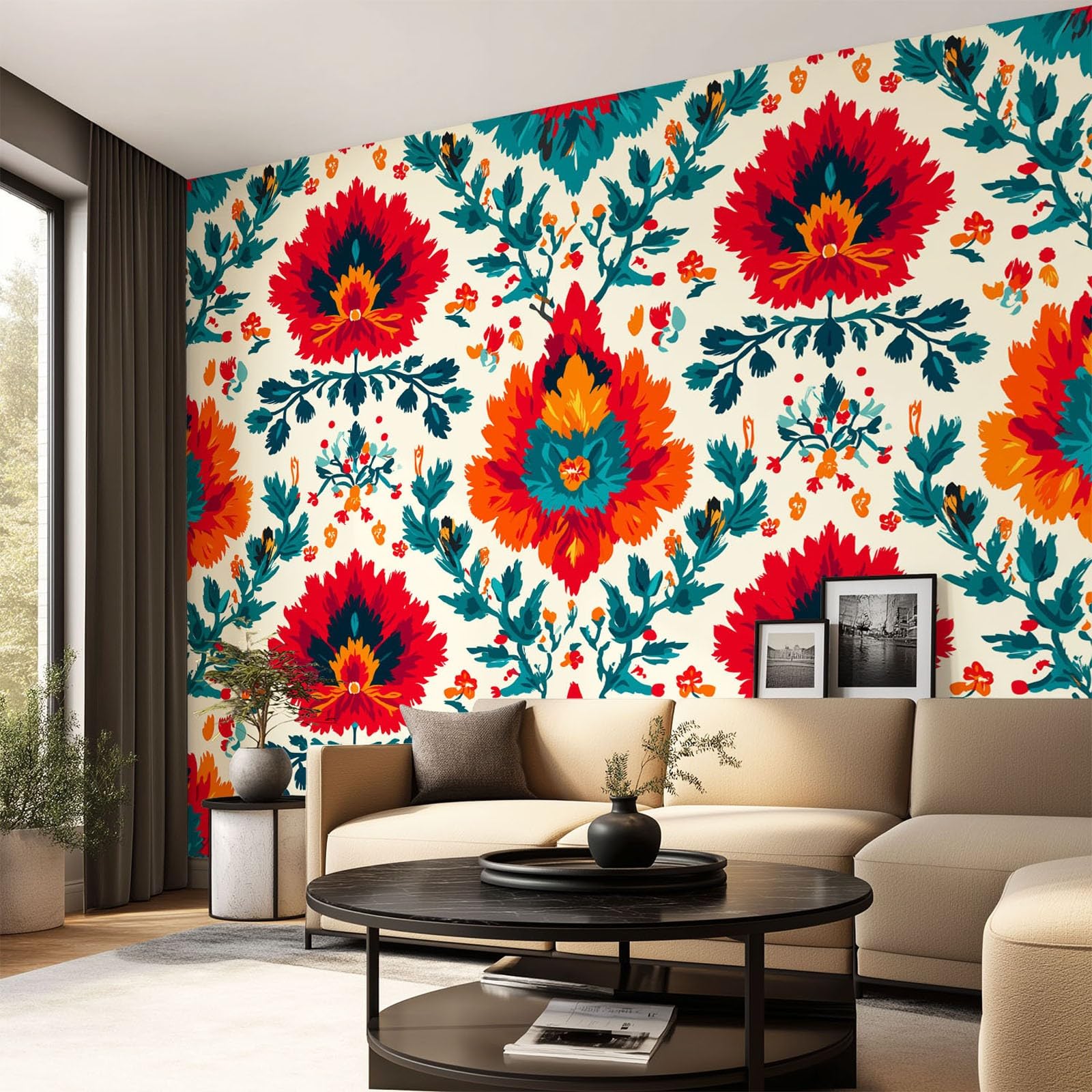 Générique Tapeta w stylu boho, vintage, botaniczna panoramiczna tapeta kwiaty, liście do salonu sypialnia olbrzymia salon, do salonu sypialnia dekoracja ścienna
