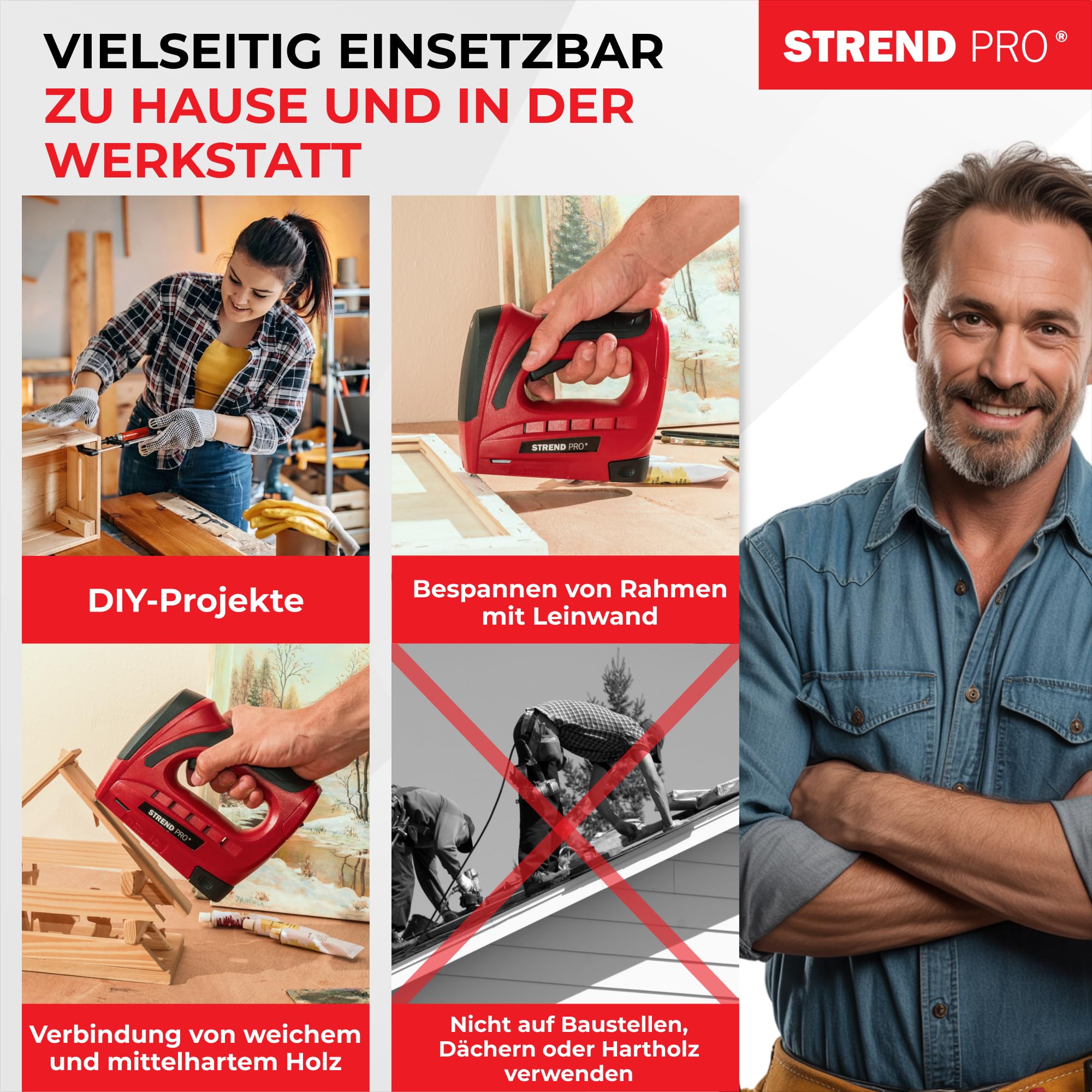 STREND PRO Akku Tacker 1,5Ah Tackerpistole Klammern Typ 53 (4-10 mm) Nägel Typ C1 (10mm) inkl. 400 Klammern 100 Nägel