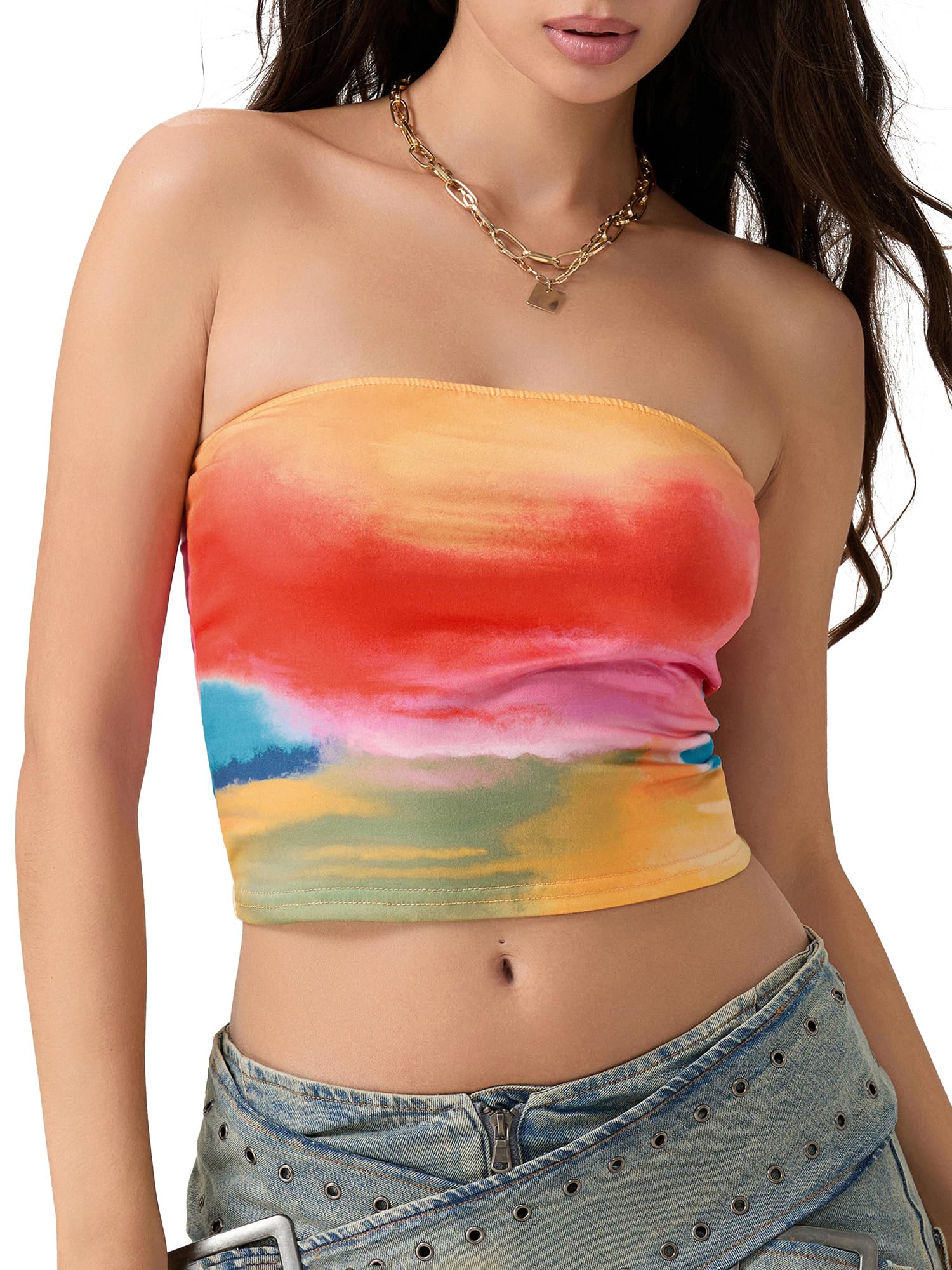SANSIWU Women Y2k Floral Tube Tops Flower Print Sleeveless Strapless Crop Tank Tops Vintage Aesthetic Backless Bandeau Tops (D-Orange, L)