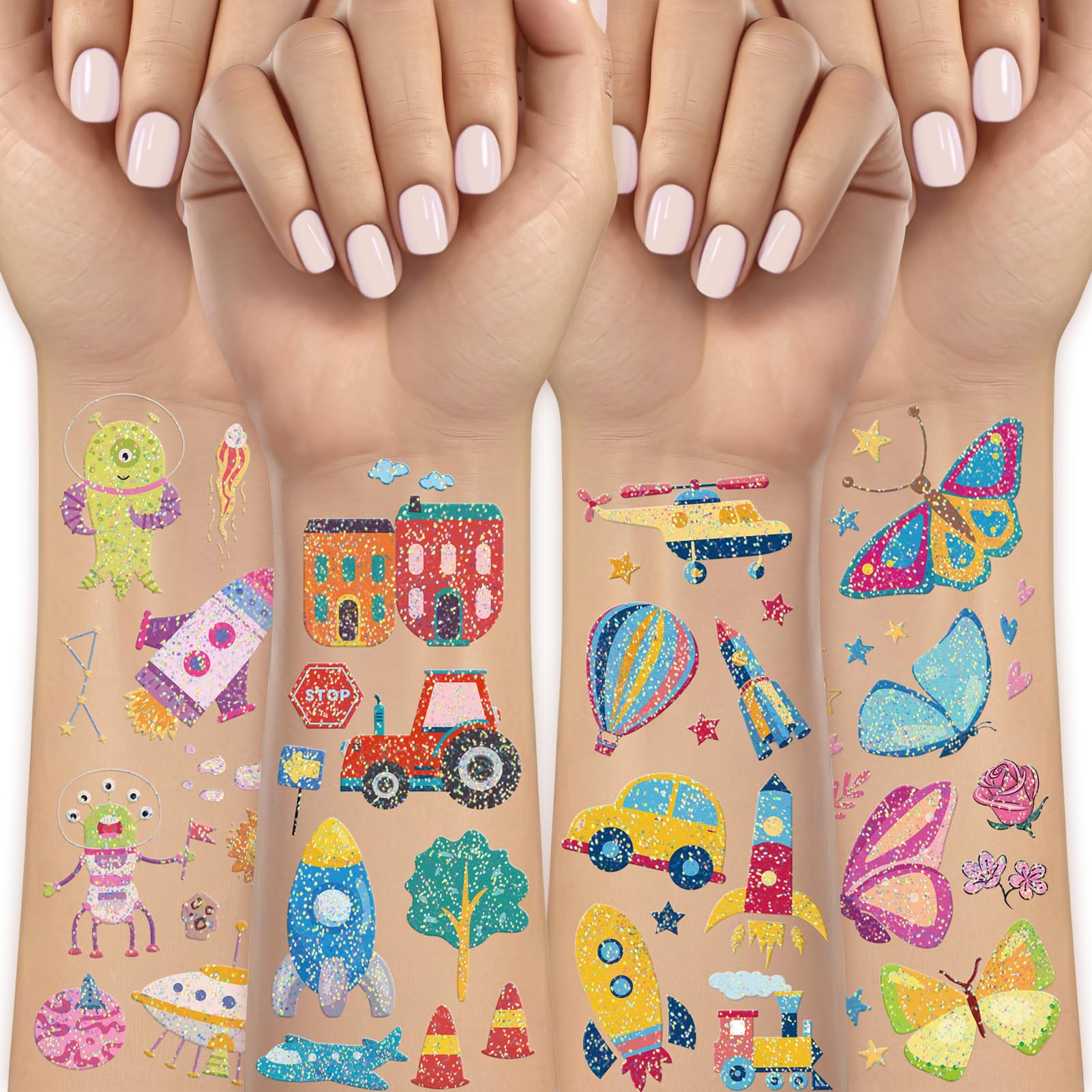 Tatouages Temporaires Paillettes Arc-en-Ciel - 10 Feuilles | Enfants & Adultes | Motifs Cœur, Chat, Fleur | Faciles à Appliquer Et Retirer
