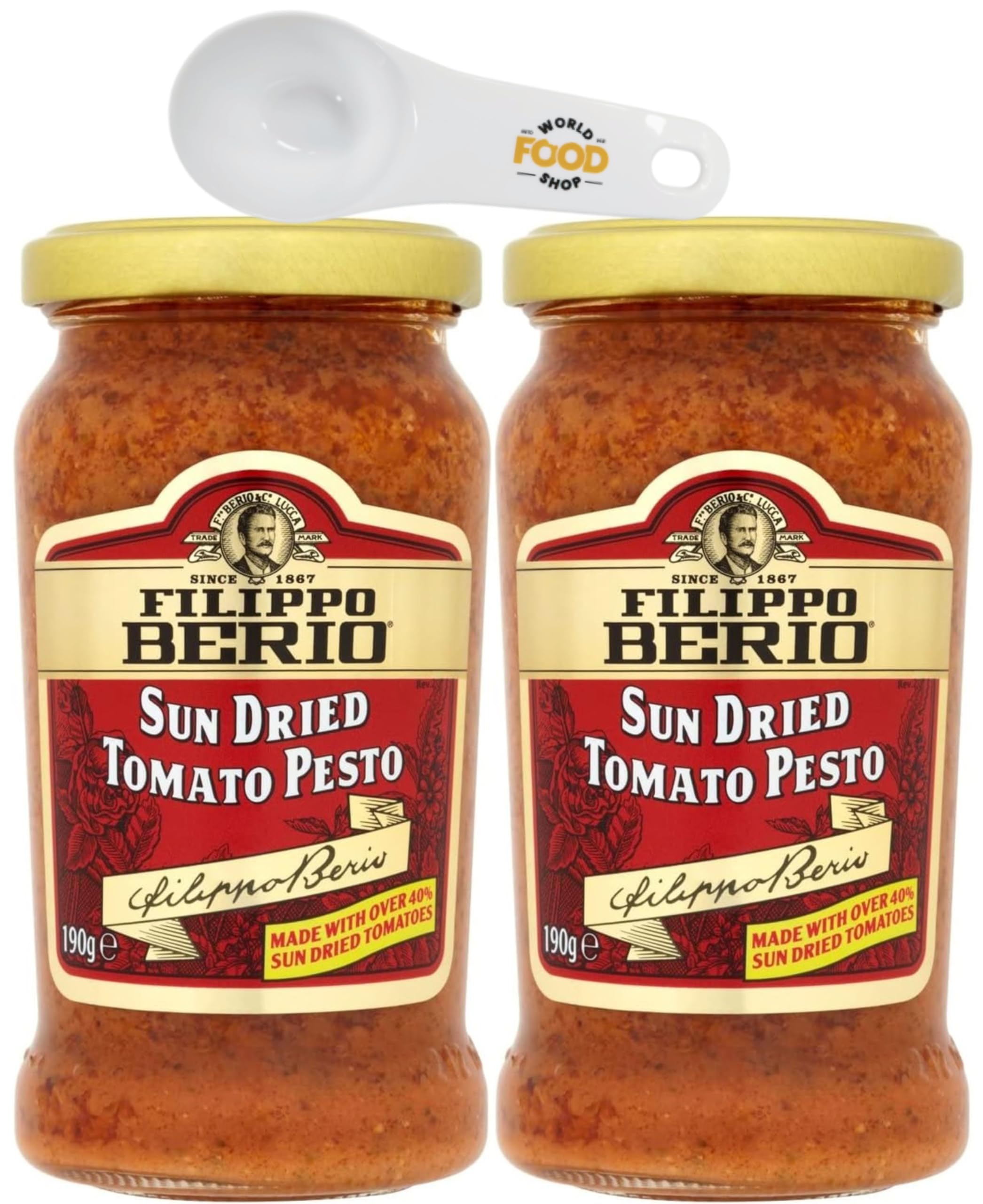 Filippo Berio Sun Dried Tomato Pesto 190g Pack of 2 with World Food Shop Scoop - Rich Flavour, Gourmet Taste, Pasta Sauce, Exclusive Bundle, Culinary Delight