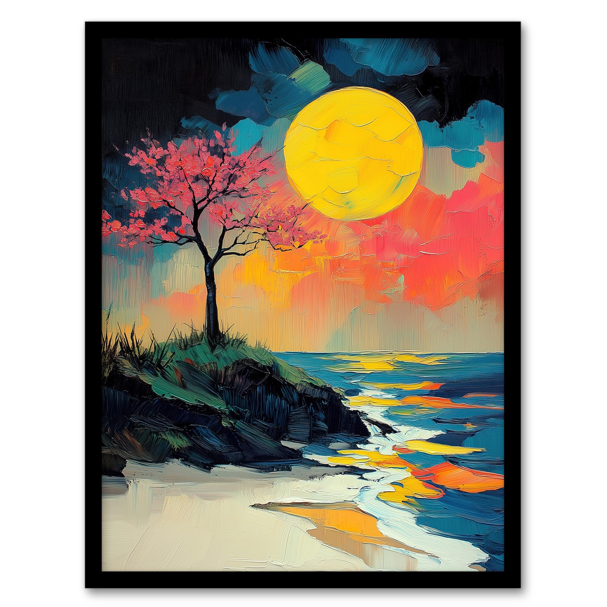 Artery8 Cherry Blossom Tree by Shore Coastal Sunset Living Room Artwork Framed Wall Art Print A4