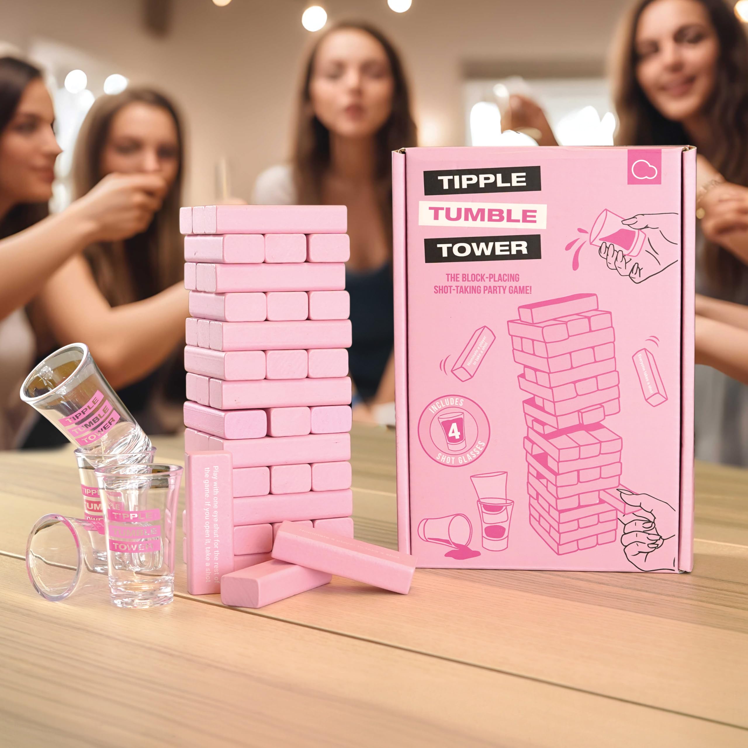 Bubblegum Stuff - Tipple Tumble Tower - The Ultimate Drinking and Dares Block-Stacking Game - Includes 54 Pink Blocks and 4 Shot Glasses - Ages 18+