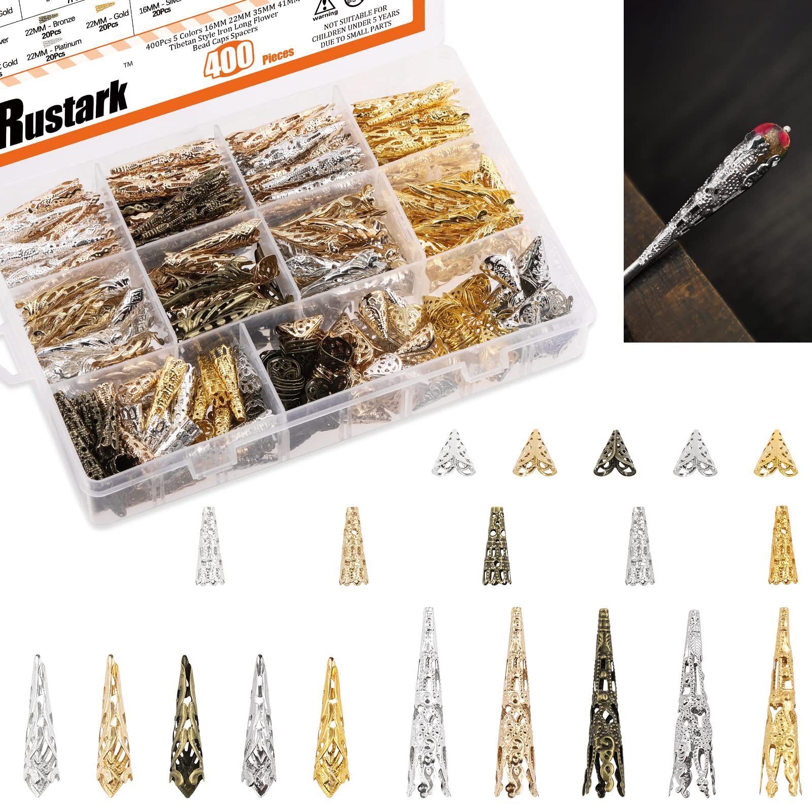 Rustark400Pcs 5 Colors Long Flower Bead End Caps Spacers Assortment Kit Tibetan Style Hollow Bead Caps Cone Pendant Petal Spacer Beads Assorted Sizes for Jewelry Making Art Crafting