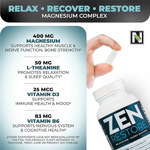 Miniatura 4 de Nutrology Zen Restore Suplemento de magnesio, 400 mg de malato de magnesio por dosis con vitamina D3, L-teanina, promueve la relajación, la