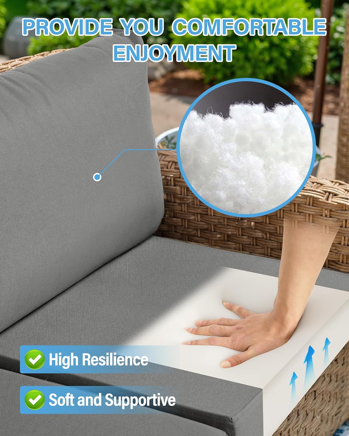 YEFU Patio Furniture Cushions Waterproof: Patio Cushions for Outdoor Furniture Olefin Fabric Fade-Resistant & All Weathe - Outdoor Sectional Replacement Couch for 6-Seat Rattan Wicker - Storage Bag